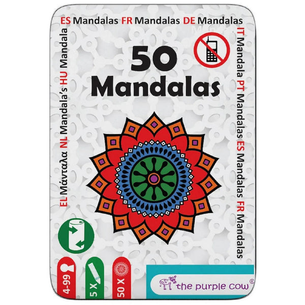 A 50 Mandalas kreatív játék fém dobozának elölnézete, színes mandala mintával, The Purple Cow logóval és utazáshoz ideális csomagolásban.