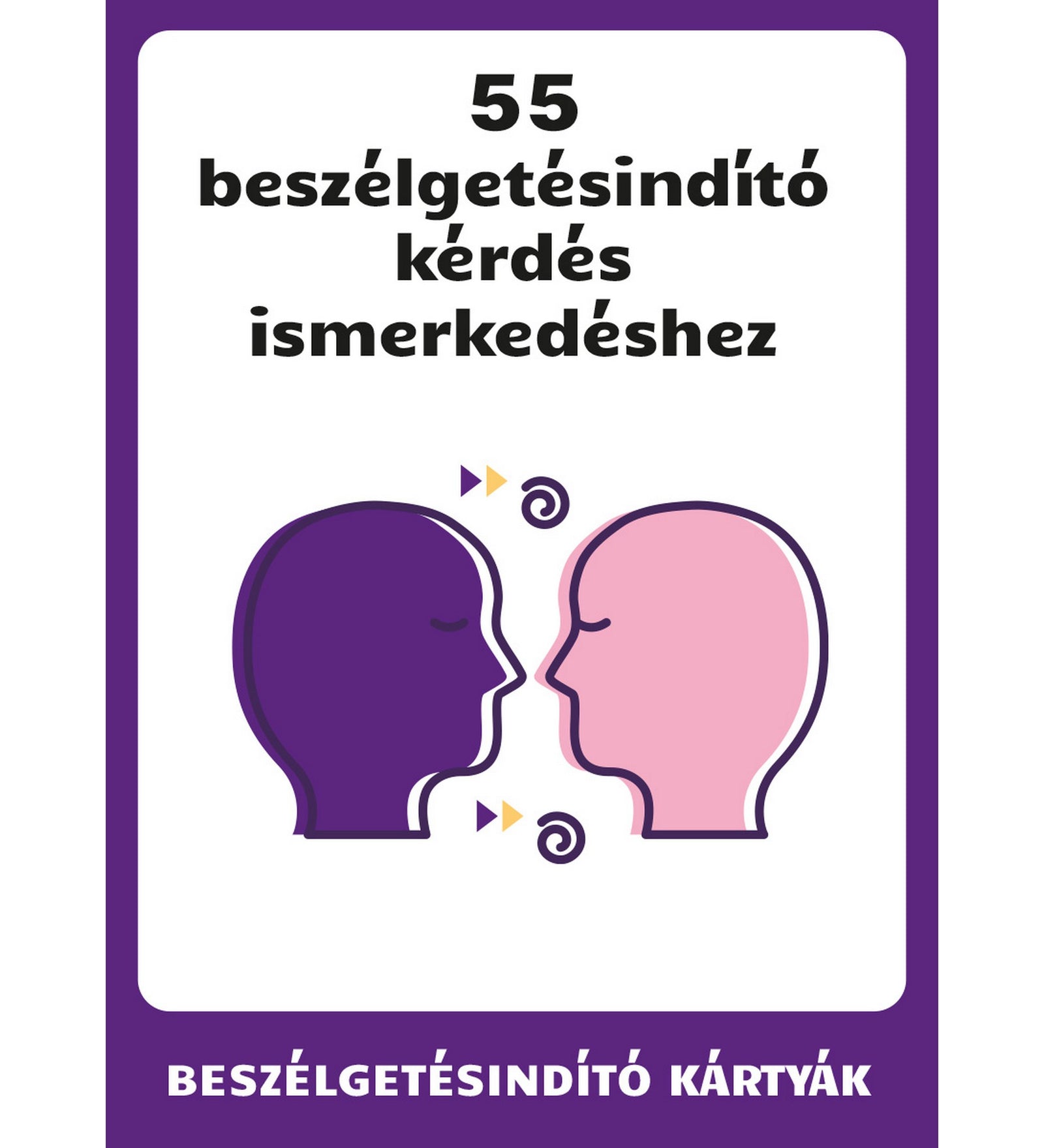 55 beszélgetésindító kérdés ismerkedéshez kártyajáték borítója, amely segíti a könnyed beszélgetések elindítását.