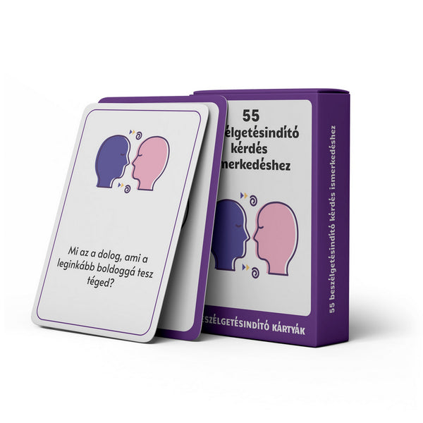 55 beszélgetésindító kérdés ismerkedéshez beszélgetésindító kártyajáték doboza és példakérdés kártyája.