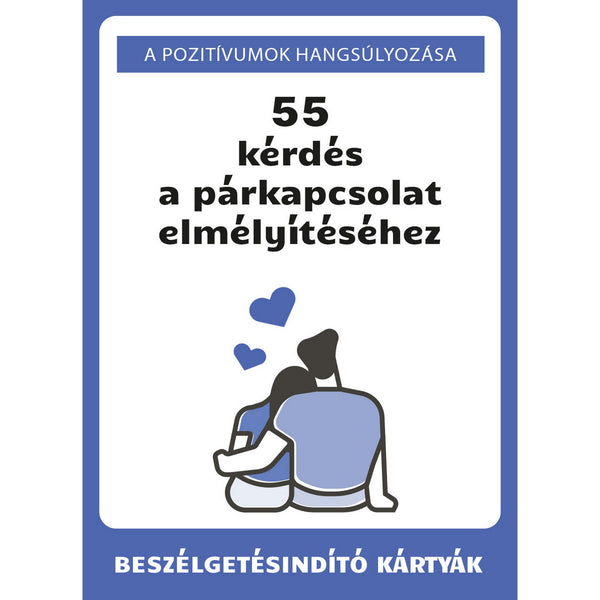 55 kérdés a párkapcsolat elmélyítéséhez beszélgetésindító kártyajáték borítója párkapcsolati kommunikáció fejlesztéséhez.