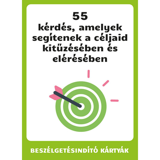 55 kérdés, amelyek segítenek a céljaid kitűzésében és elérésében beszélgetésindító kártyák borítója céltudatos gondolkodáshoz.