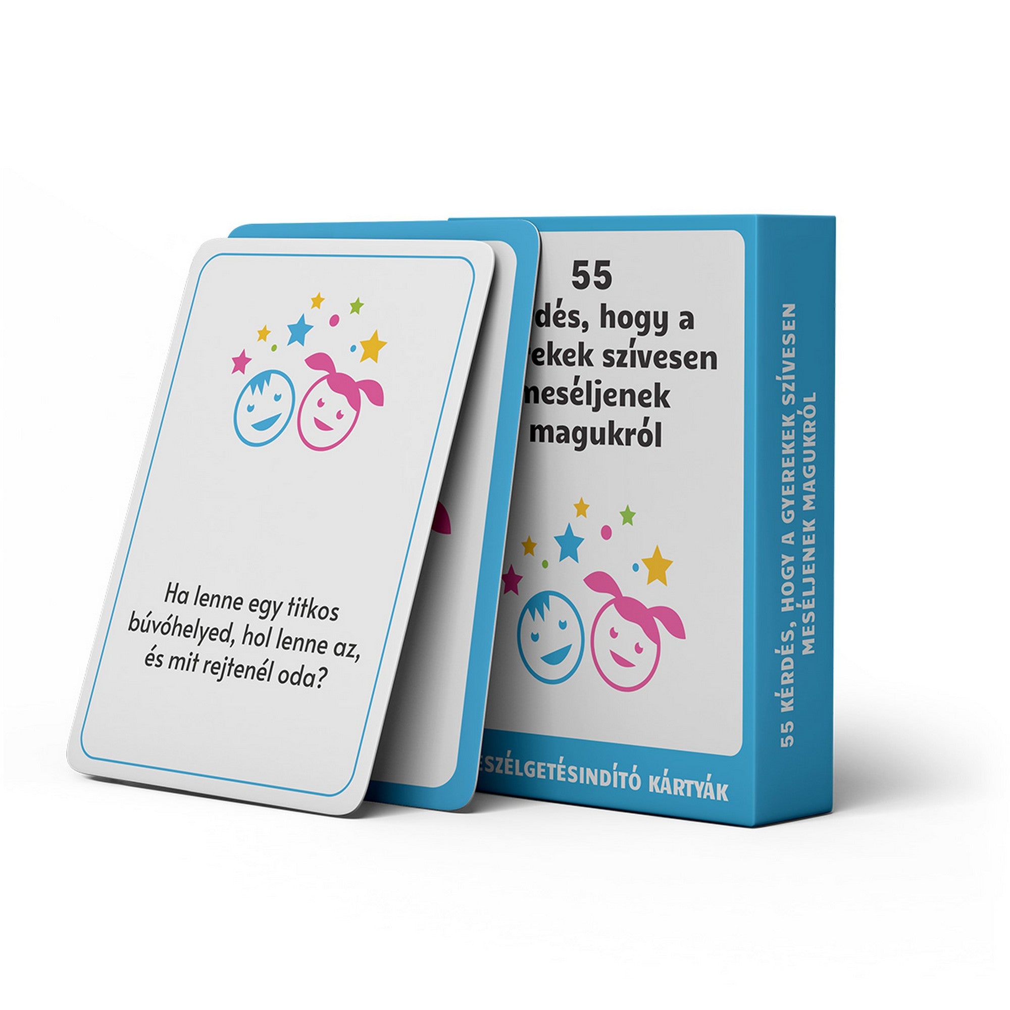 55 kérdés, hogy a gyerekek szívesen meséljenek magukról beszélgetésindító kártyajáték doboza és példakérdés kártyája gyerekek számára.
