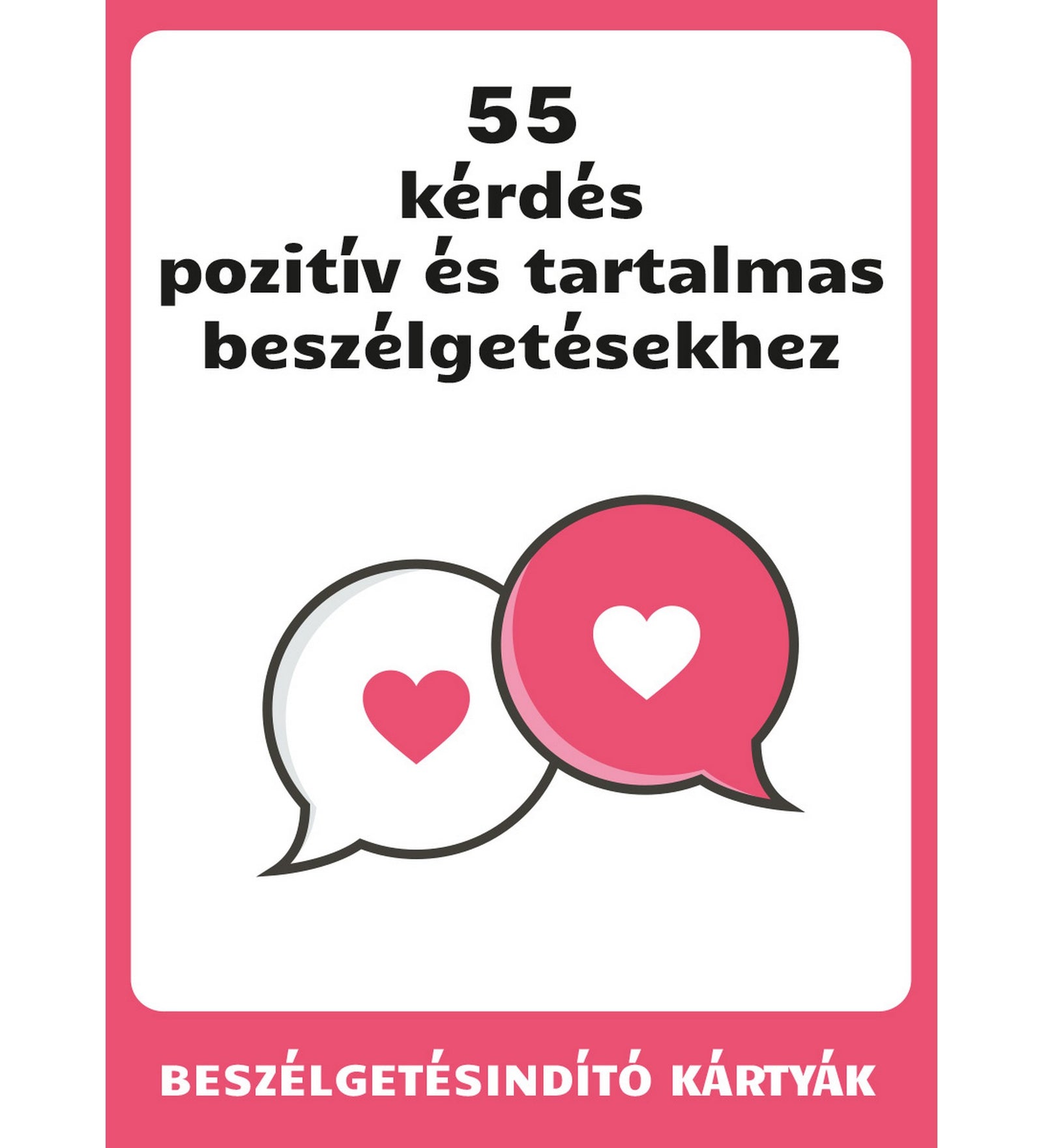 55 kérdés pozitív és tartalmas beszélgetésekhez kártyajáték borítója, pároknak és barátoknak szóló beszélgetésindító kérdésekkel.