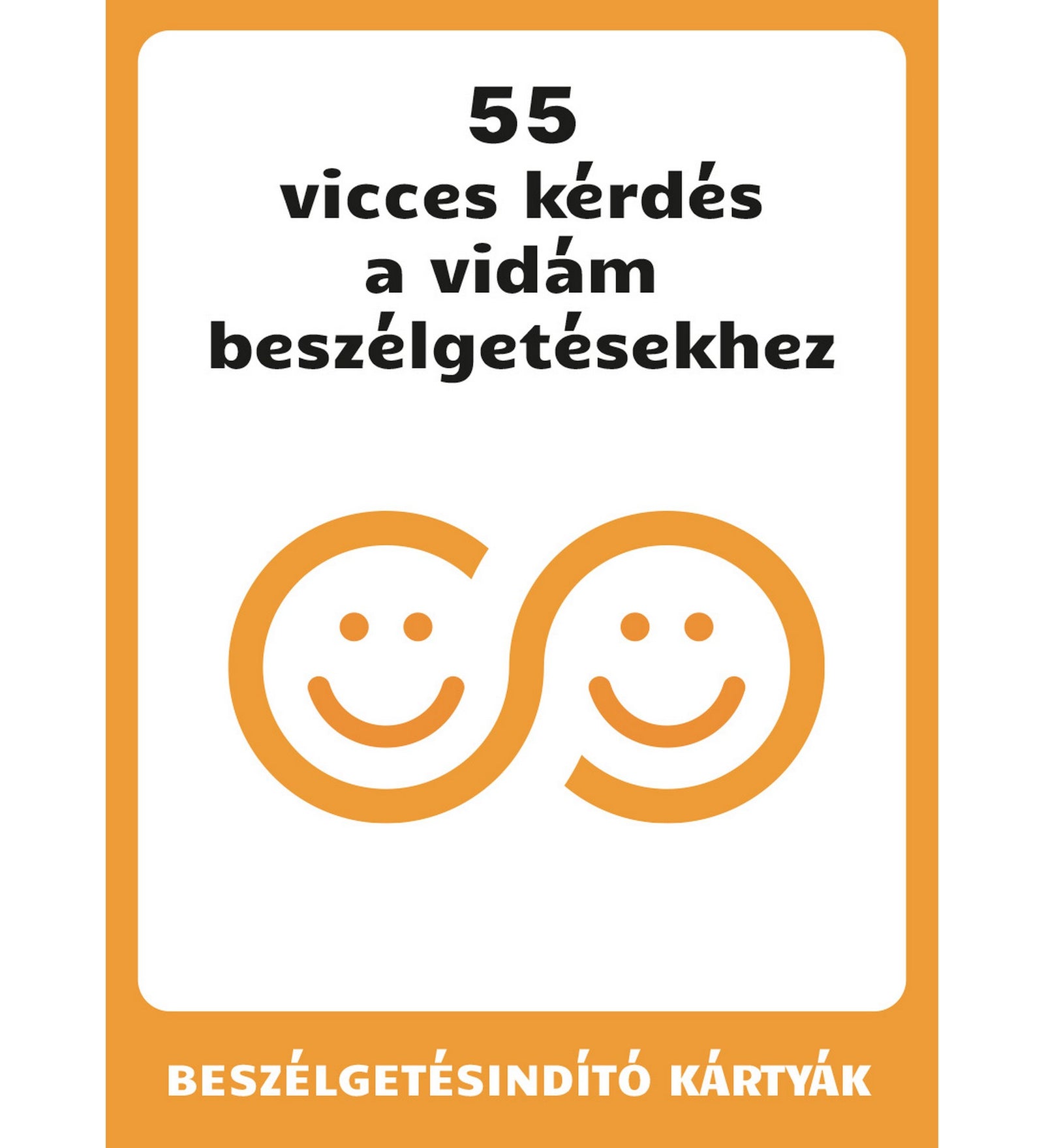 55 vicces kérdés a vidám beszélgetésekhez beszélgetésindító kártyák borítója humoros kérdésekkel.