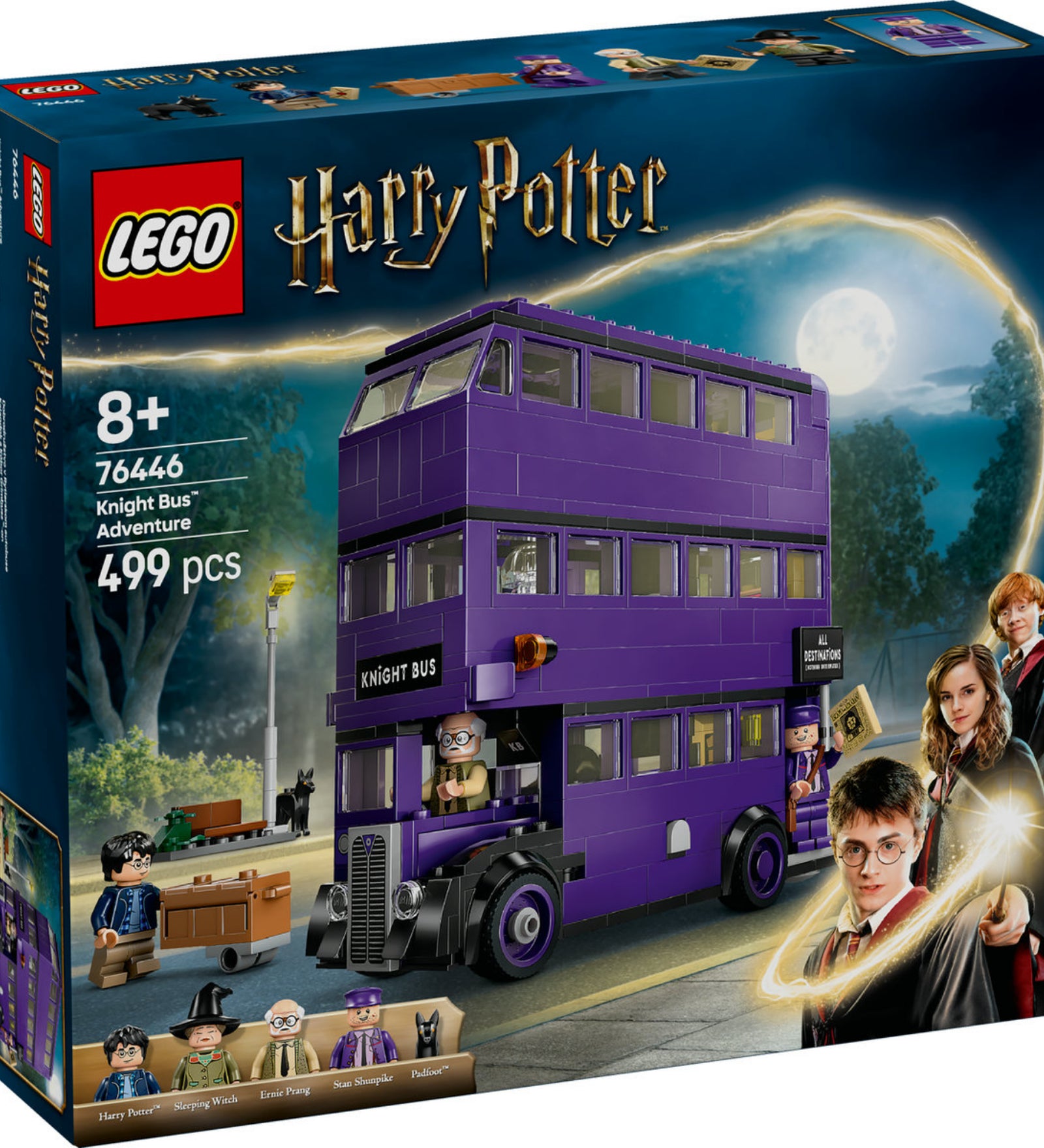 A LEGO® Harry Potter™ Kalandok a Kóbor Grimbusz™-on (76446) szett doboza, amelyen a híres lila, háromemeletes varázsbusz látható, Harry Potterrel és a karakterekkel.