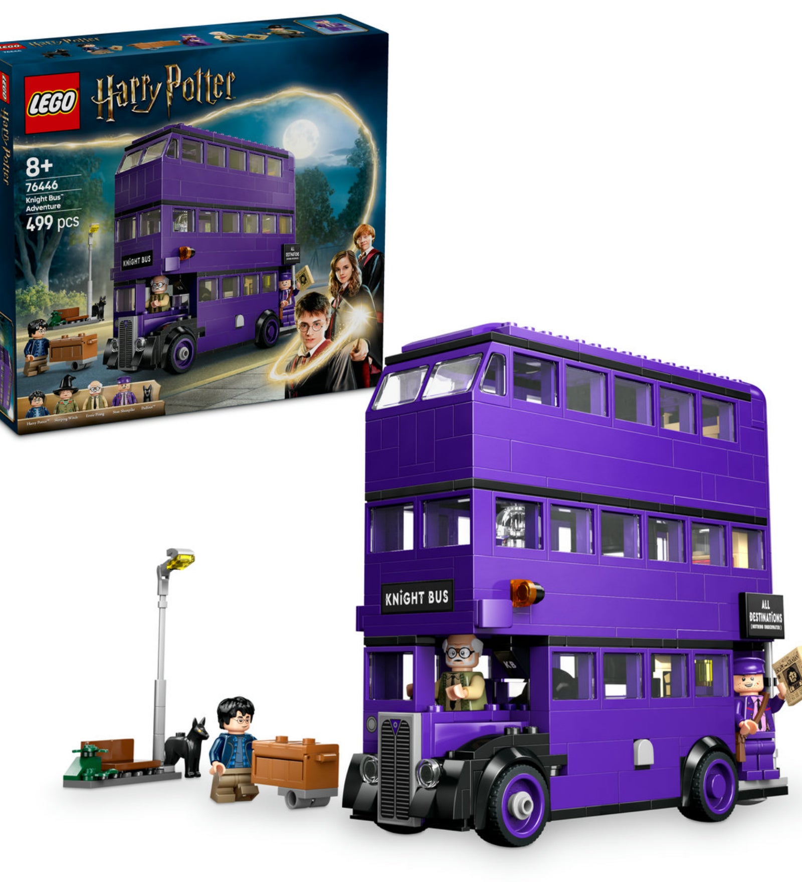 A LEGO® Harry Potter™ Kóbor Grimbusz™ készlet teljes tartalma, beleértve a háromemeletes buszt, a minifigurákat, a lámpaoszlopot és az egyéb kiegészítőket.