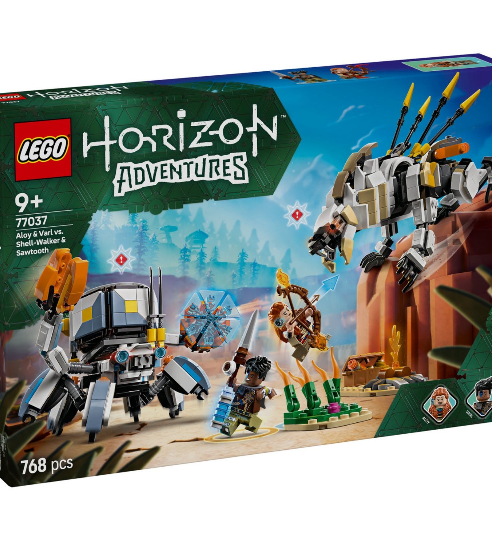 A LEGO® Horizon Adventures™ (77037) szett dobozának borítója, amelyen Aloy és Varl megküzdenek a Fűrészfoggal és a Páncéljáróval a sivatagi tájon.