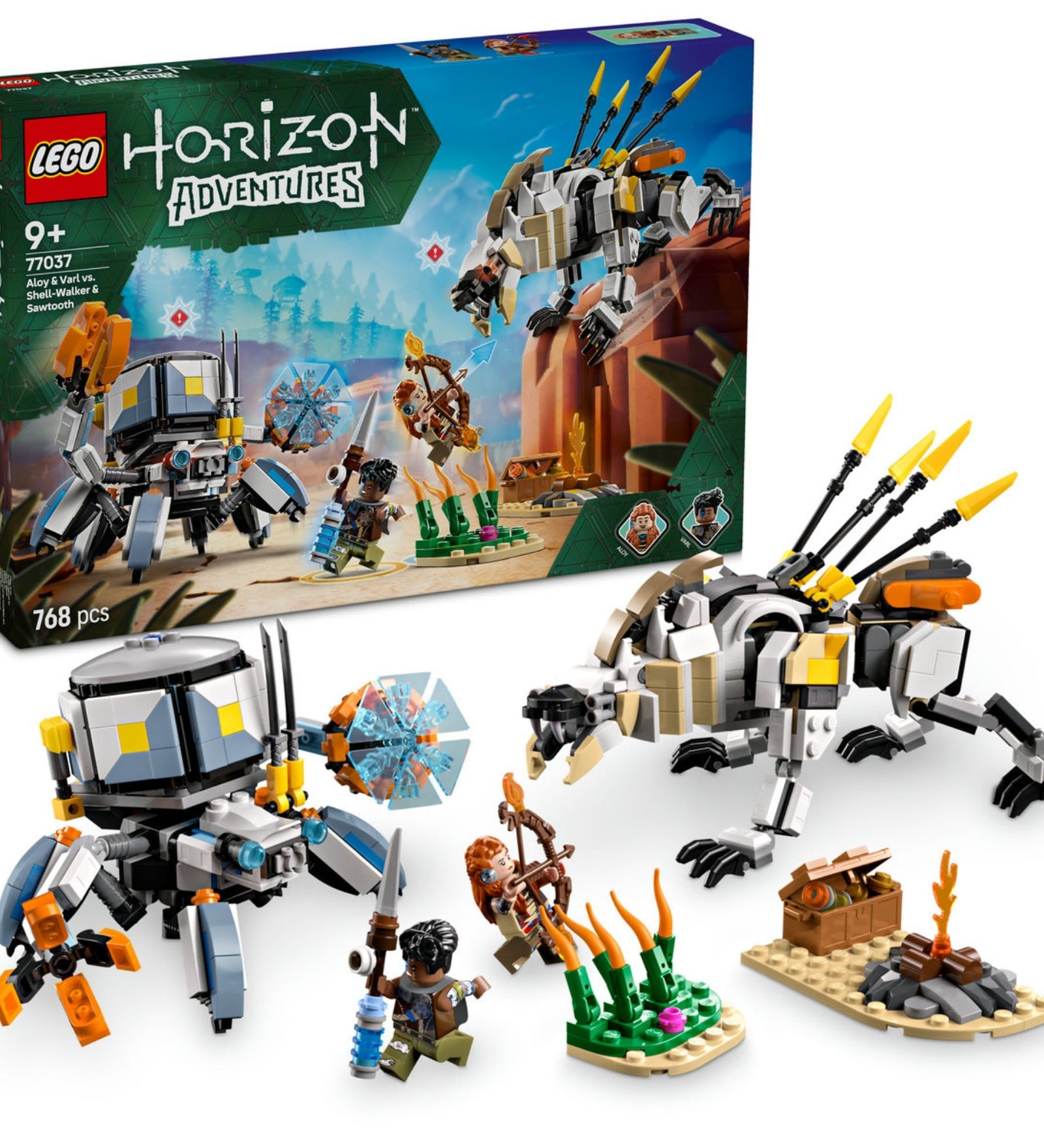 LEGO® Horizon Adventures™ Aloy és Varl harca a Páncéljáró és a Fűrészfog ellen (77037) szett két minifigurával, gépszörnyekkel és sivatagi témájú kiegészítőkkel.