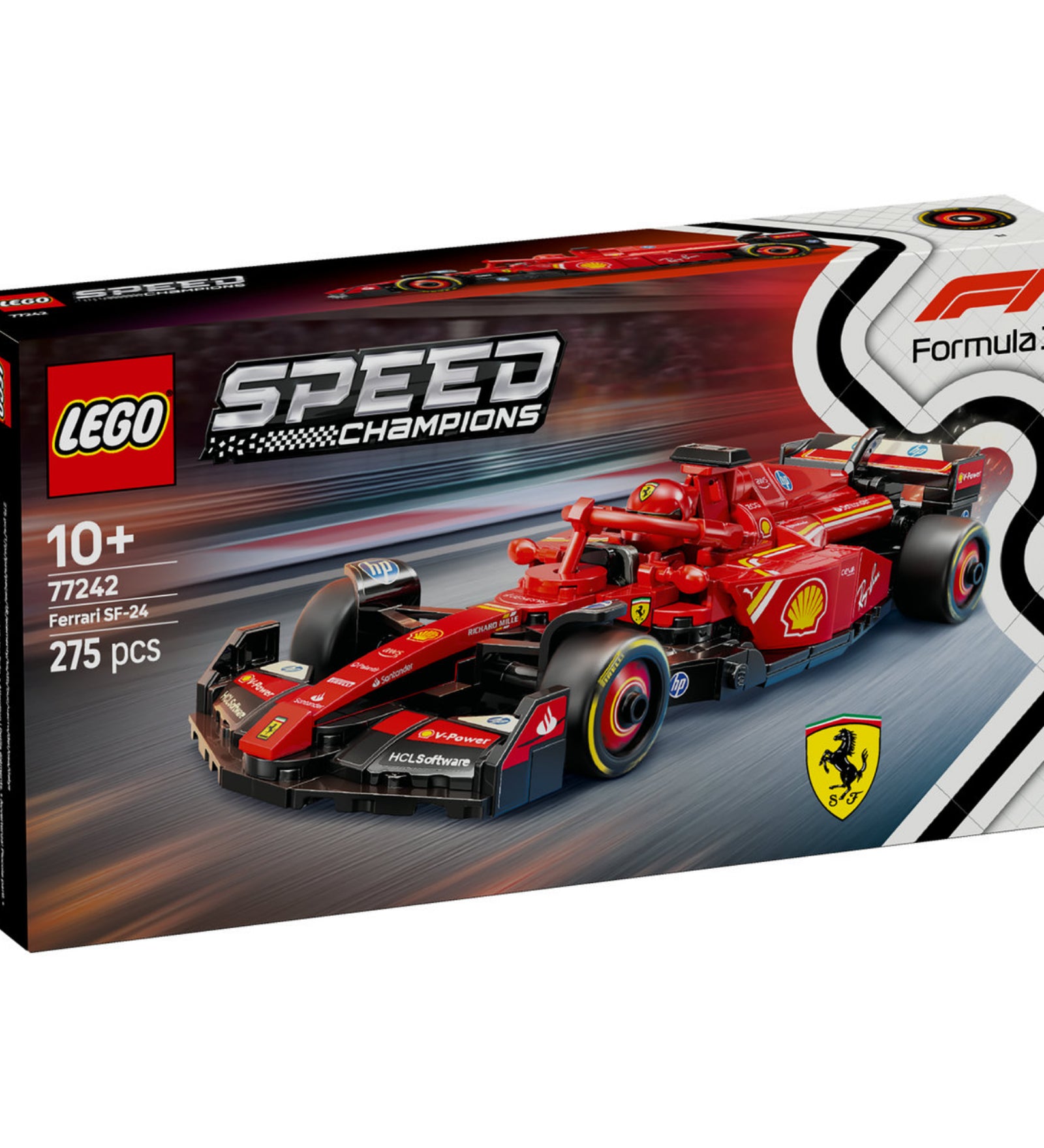 A LEGO Speed Champions Ferrari SF-24 (77242) készlet látványos doboza, amelyen az autó nagy sebességgel halad a versenypályán.