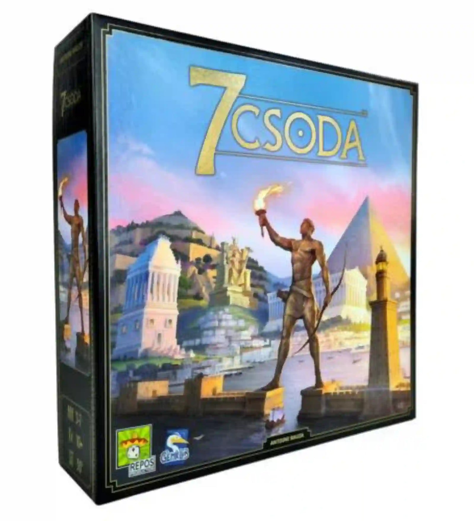 7 Csoda (2021) magyar nyelvű társasjáték doboza, látványos borító grafikával és ikonikus építményekkel.

