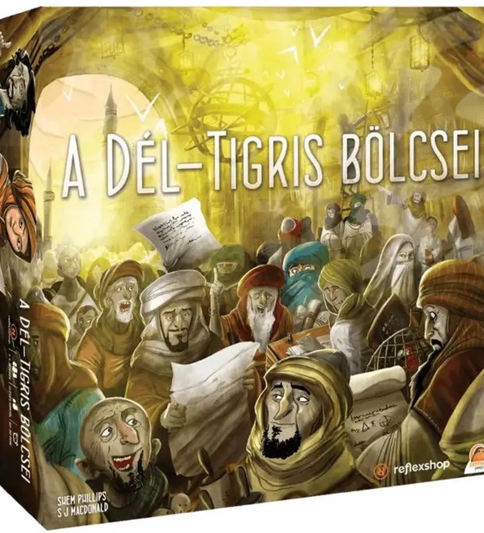 A „A Dél-Tigris bölcsei” társasjáték doboza, színes, részletgazdag illusztrációval, amely tudósokat, írnokokat és pergameneket ábrázol egy forgalmas, sárgás fényárban úszó piaci környezetben.