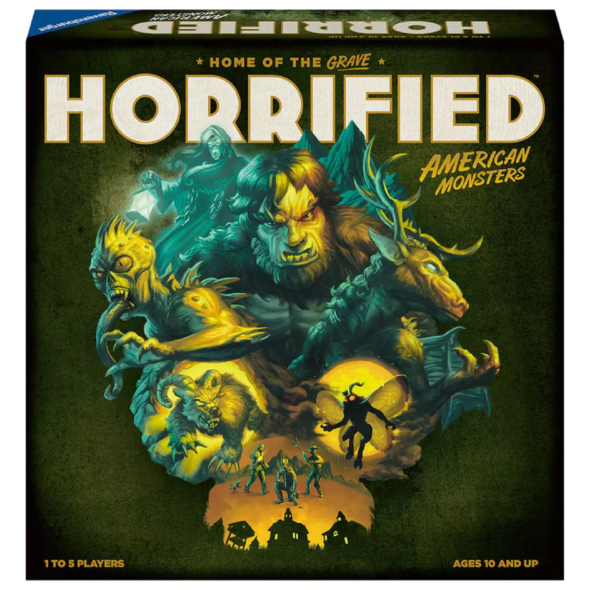 A képen a "Horrified: American Monsters" társasjáték doboza látható. A borítón különböző amerikai mitológiai szörnyek, például a Bigfoot, a Wendigo és a Mothman jelennek meg, akik sötét, hátborzongató stílusban vannak ábrázolva. 