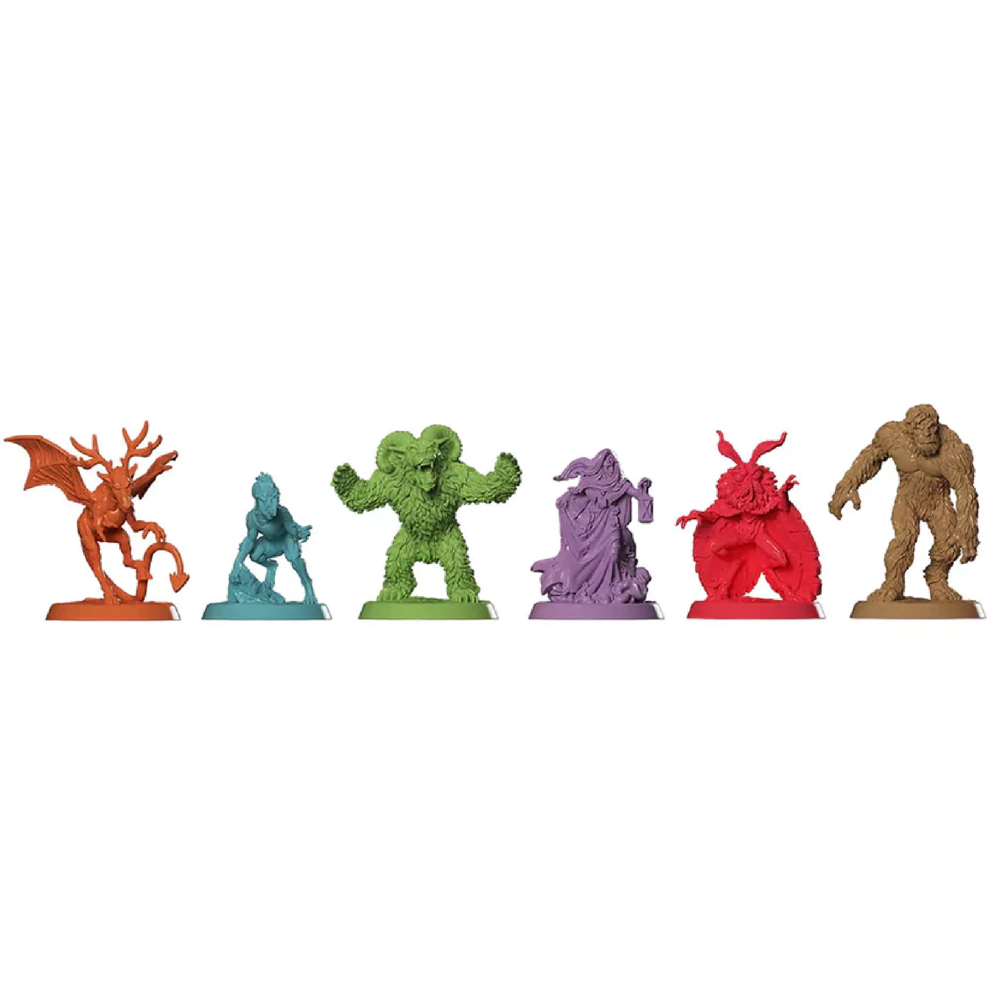 Színes szörnyfigurák, amelyek a "Horrified: American Monsters" társasjátékban szerepelnek.
