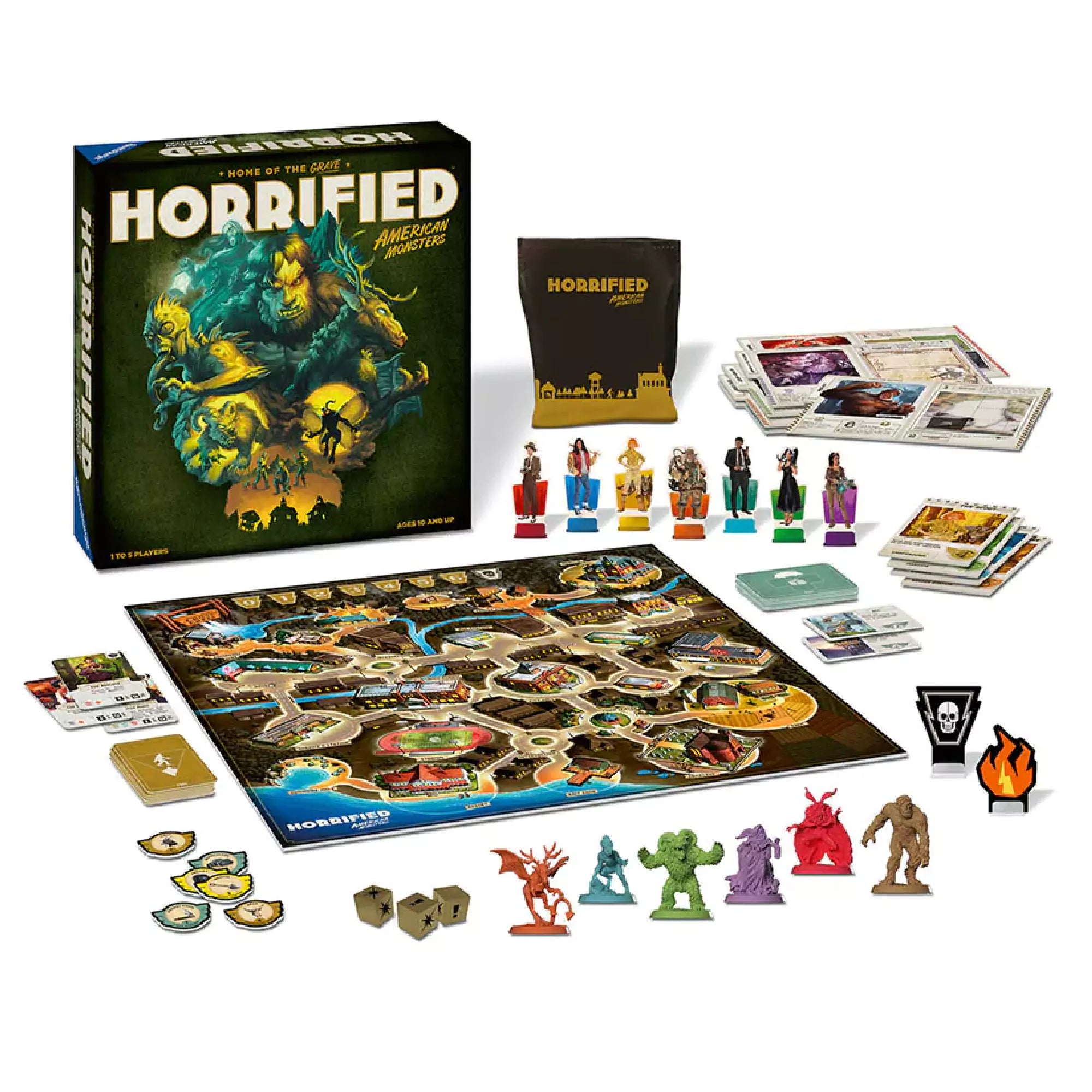 A képen a "Horrified: American Monsters" társasjáték teljes játékkészlete látható. A doboz mellett a játéktábla és a különböző kiegészítők, például a szörnyek figurái, karakterkártyák és dobókockák láthatók.