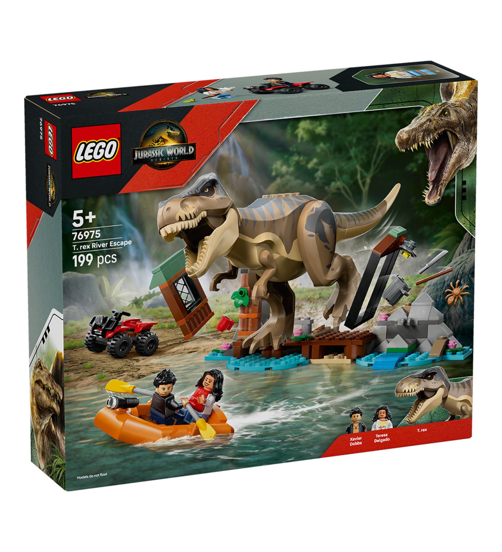 A LEGO Jurassic World T. rex River Escape (76975) doboza elölről, a T. rex, a piros quad és a két minifigura akciójelenetével. 