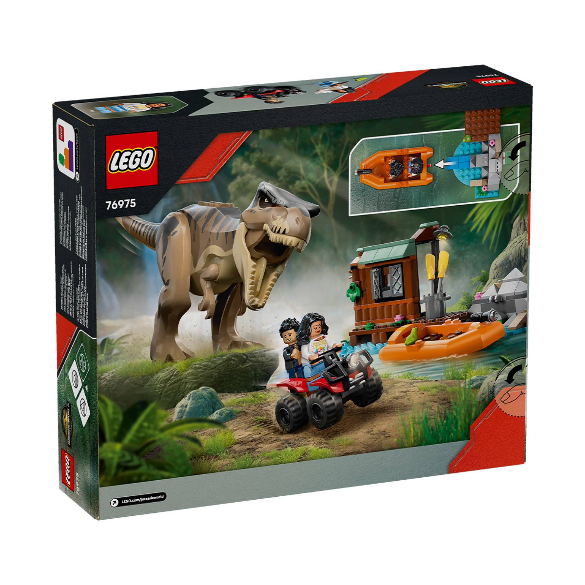 A LEGO Jurassic World T. rex River Escape (76975) doboza, amely a dinoszaurusz támadását és a menekülő hősöket ábrázolja az erdős háttérben.