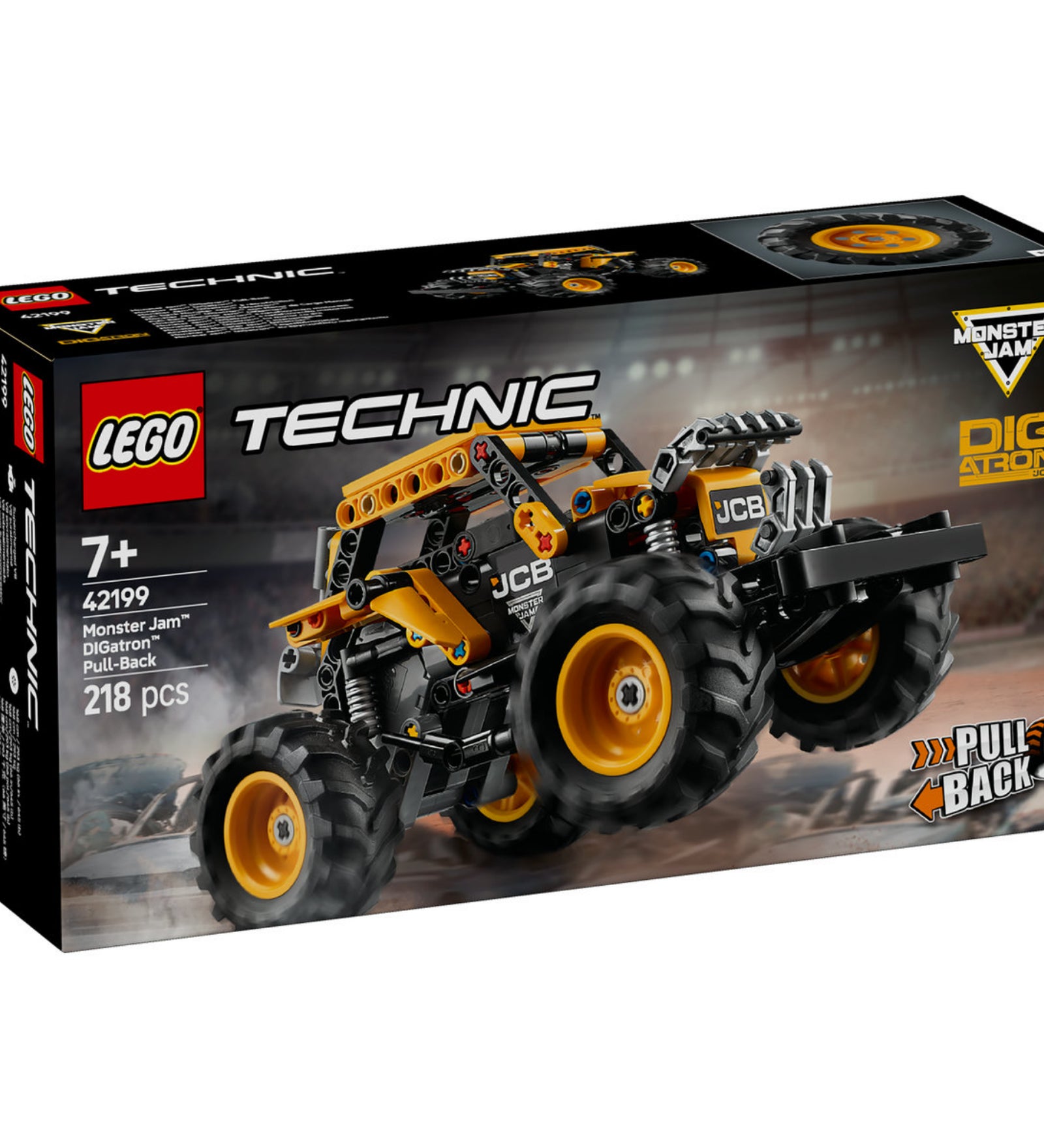 A LEGO Technic Monster Jam™ DIGatron™ (42199) doboza, amelyen a hátrahúzhatós monster truck látható, izgalmas grafikai elemekkel.
