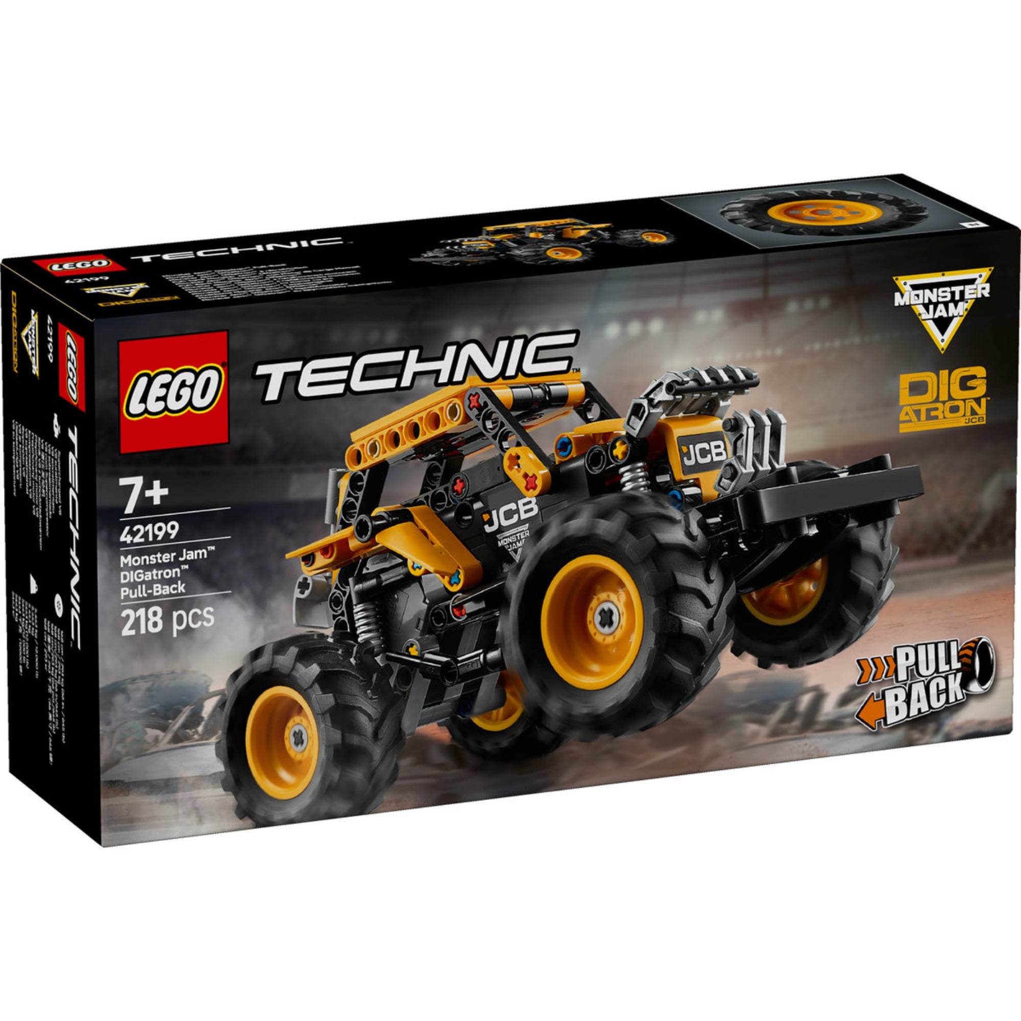A LEGO Technic Monster Jam™ DIGatron™ (42199) doboza, amelyen a hátrahúzhatós monster truck látható, izgalmas grafikai elemekkel.