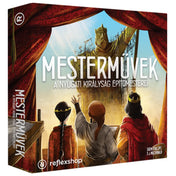  A Nyugati Királyság építőmesterei: Mesterművek társasjáték doboza, rajta három figura aranyszobrot csodál a piros függöny mögül.
