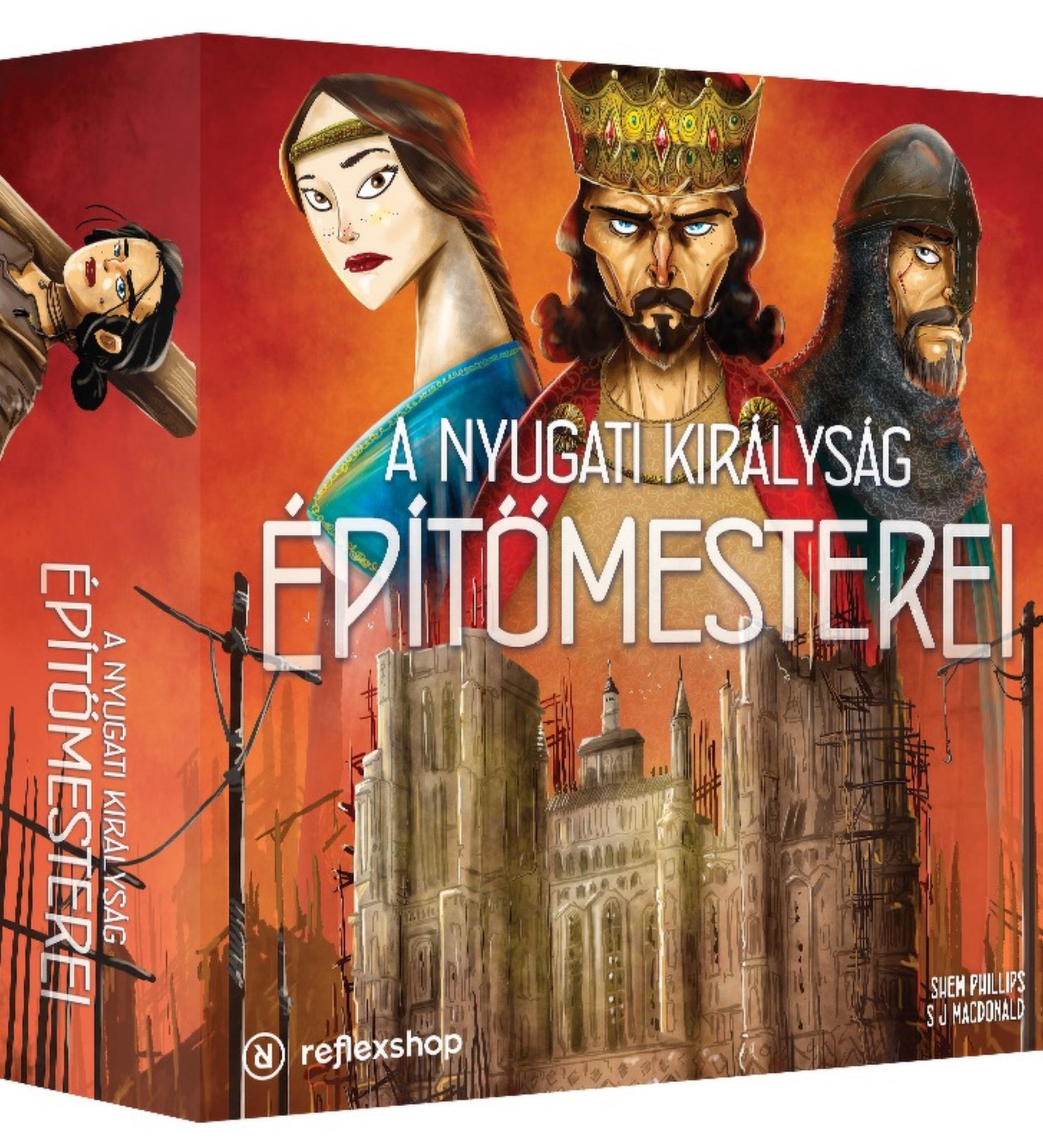A Nyugati királyság építőmesterei társasjáték doboza, élénk piros és narancssárga színvilágban, középen egy félkész katedrálissal, a háttérben három karakter arcképe – egy király, egy harcos és egy nő – szigorú tekintettel.