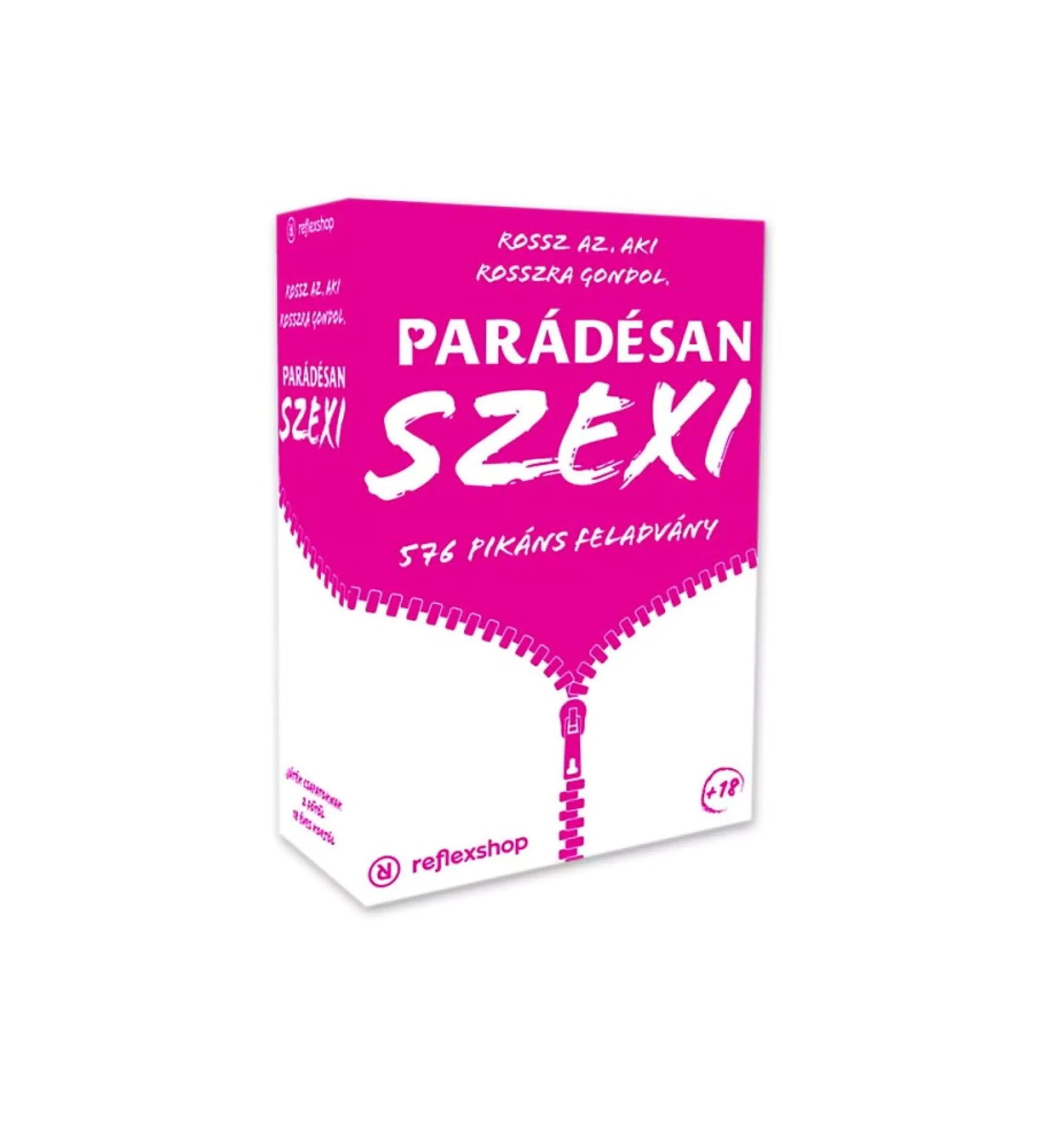 A Parádésan Szexi partyjáték doboza rózsaszín dizájnnal, amely 576 pikáns feladványt tartalmaz, ideális partikra és lánybúcsúkra.