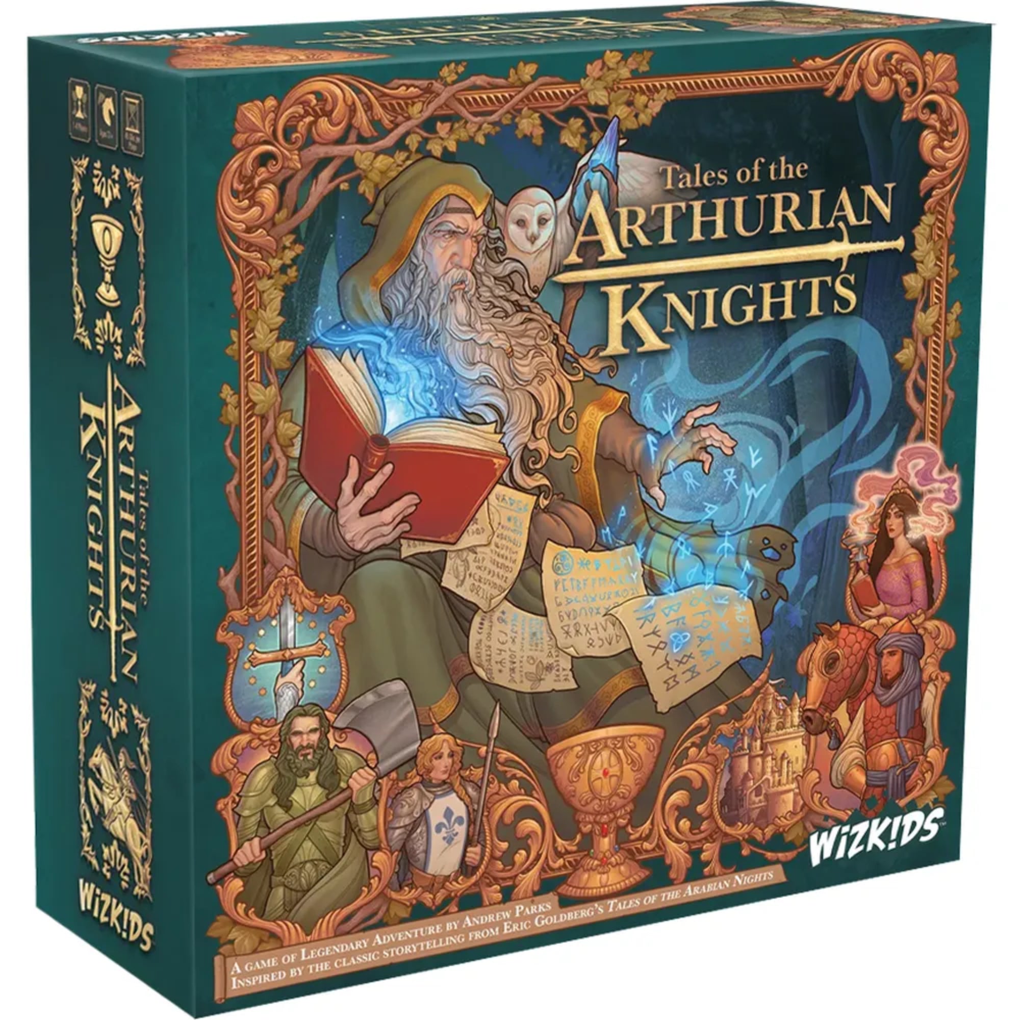 A Tales of the Arthurian Knights társasjáték dobozának előlapja, gazdagon illusztrált borítóval. Középen egy varázsló látható nyitott könyvvel, körülötte lovagok, hölgyek és misztikus szimbólumok, melyek az Arthur-mondakör hangulatát idézik.