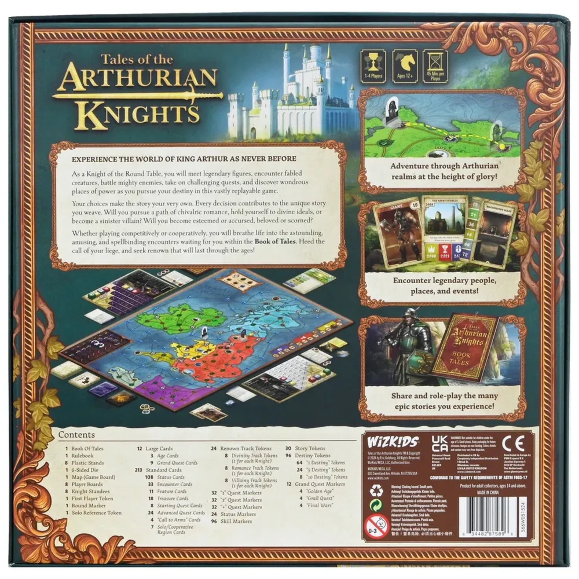A Tales of the Arthurian Knights társasjáték dobozának hátlapja, részletes leírással a játékról. Látható a játéktábla, a kártyák és a komponensek bemutatója, valamint rövid ismertető a legendás Arthur király világáról és a játék céljáról.