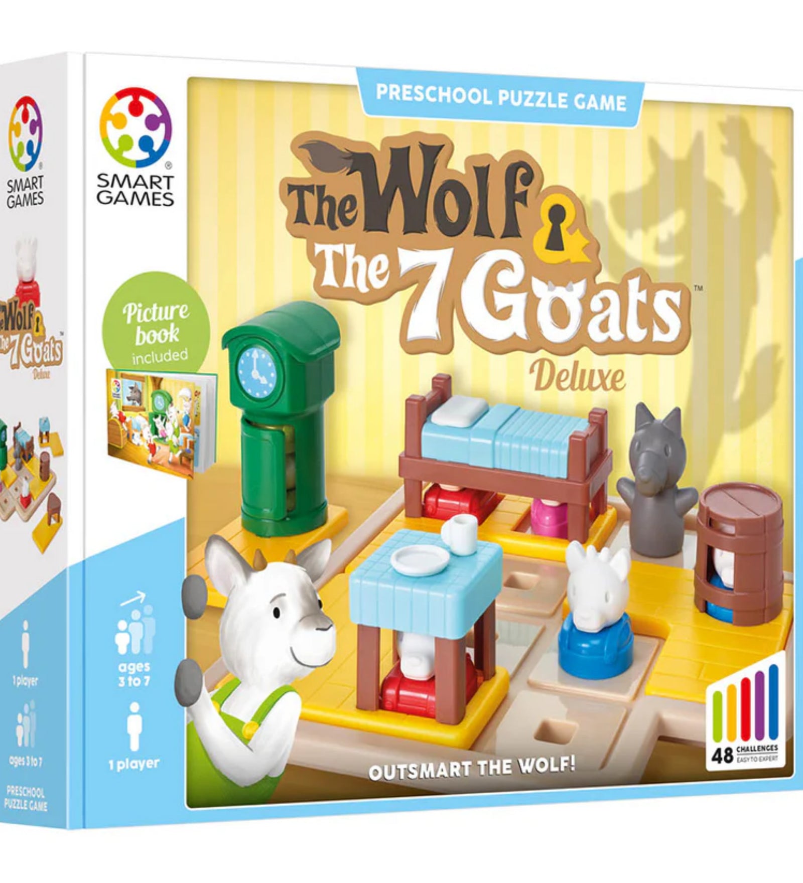 A The Wolf & The 7 Goats Deluxe logikai játék doboza, rajta a játék figurái és a farkas árnyéka a háttérben, 3–7 éveseknek ajánlva.