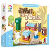 A The Wolf & The 7 Goats Deluxe logikai játék doboza, rajta a játék figurái és a farkas árnyéka a háttérben, 3–7 éveseknek ajánlva.