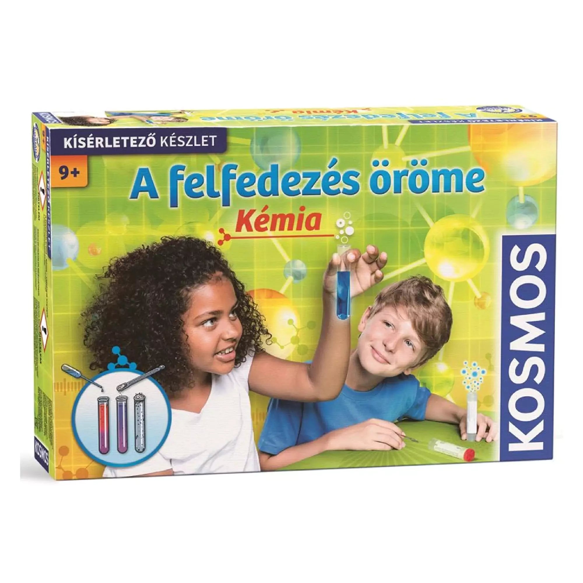Kosmos – A felfedezés öröme: Kémia dobozkép, két gyerek színes kémcsöves kísérletekkel, zöld tudományos háttérrel.