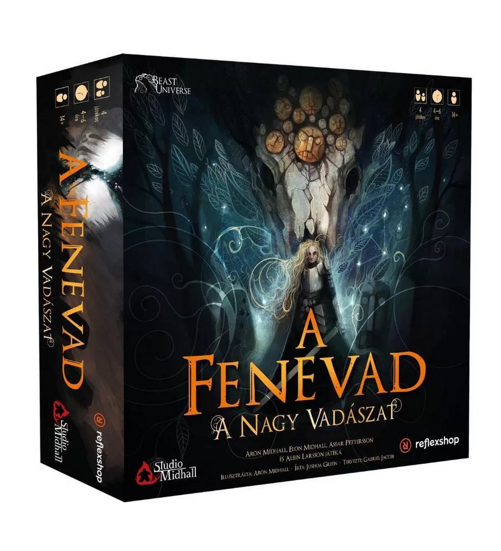 A Fenevad: A nagy vadászat társasjáték doboz, sötét fantasy illusztrációval, misztikus lény koponyájával és fénylő alak központi figurával.