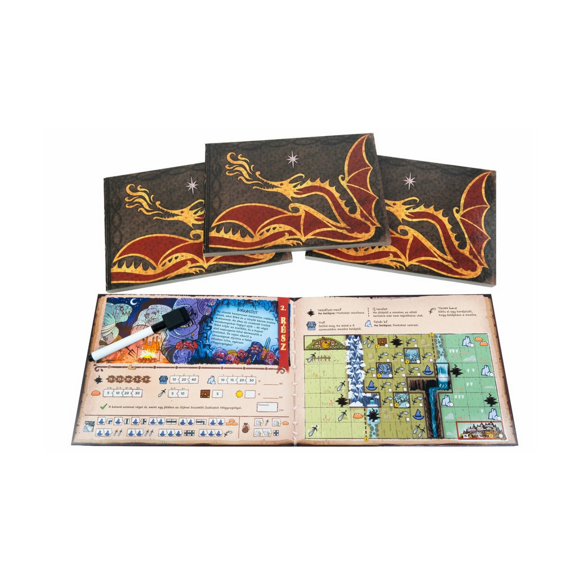 „A Hobbit – Oda és vissza társasjáték könyvszerű pályalapjai és egy filctollal kitöltött játéktábla.”