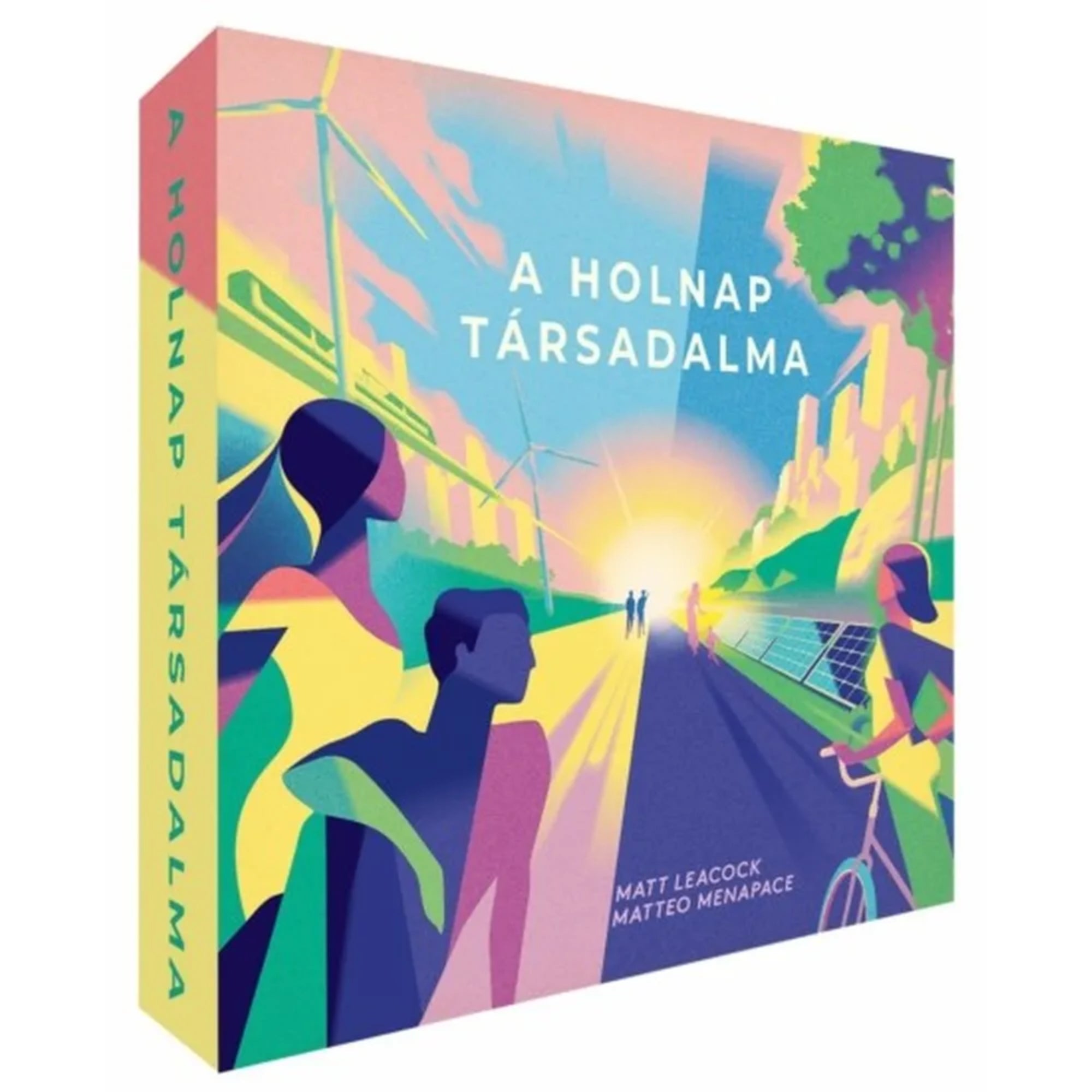 A képen „A holnap társadalma” társasjáték doboza látható, élénk, színes és modern grafikával. A borítón stilizált emberek sétálnak és bicikliznek egy fenntartható város felé, melyet napelemek, szélkerekek és zöld területek díszítenek. A háttérben egy futurisztikus metropolisz körvonalai sejlenek fel, miközben a nap fénye beragyogja az egész képet – ezzel szimbolizálva a pozitív jövőt és a közös fejlődést. A játék címét nagy betűkkel látjuk középen: „A Holnap Társadalma”.
