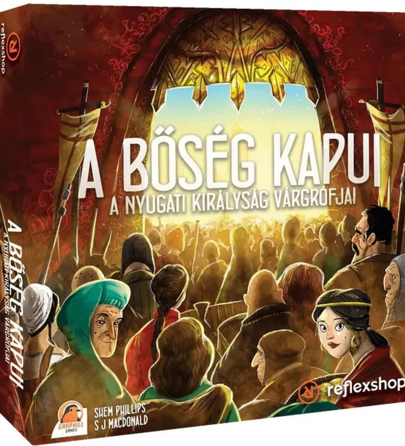„A bőség kapui – A Nyugati Királyság várgrófjai” társasjáték doboza, amelyen egy díszes aranykapun keresztül fény árad a tömeg felé; az előtérben sokszínű karakterek és középkori hangulatú részletek látható