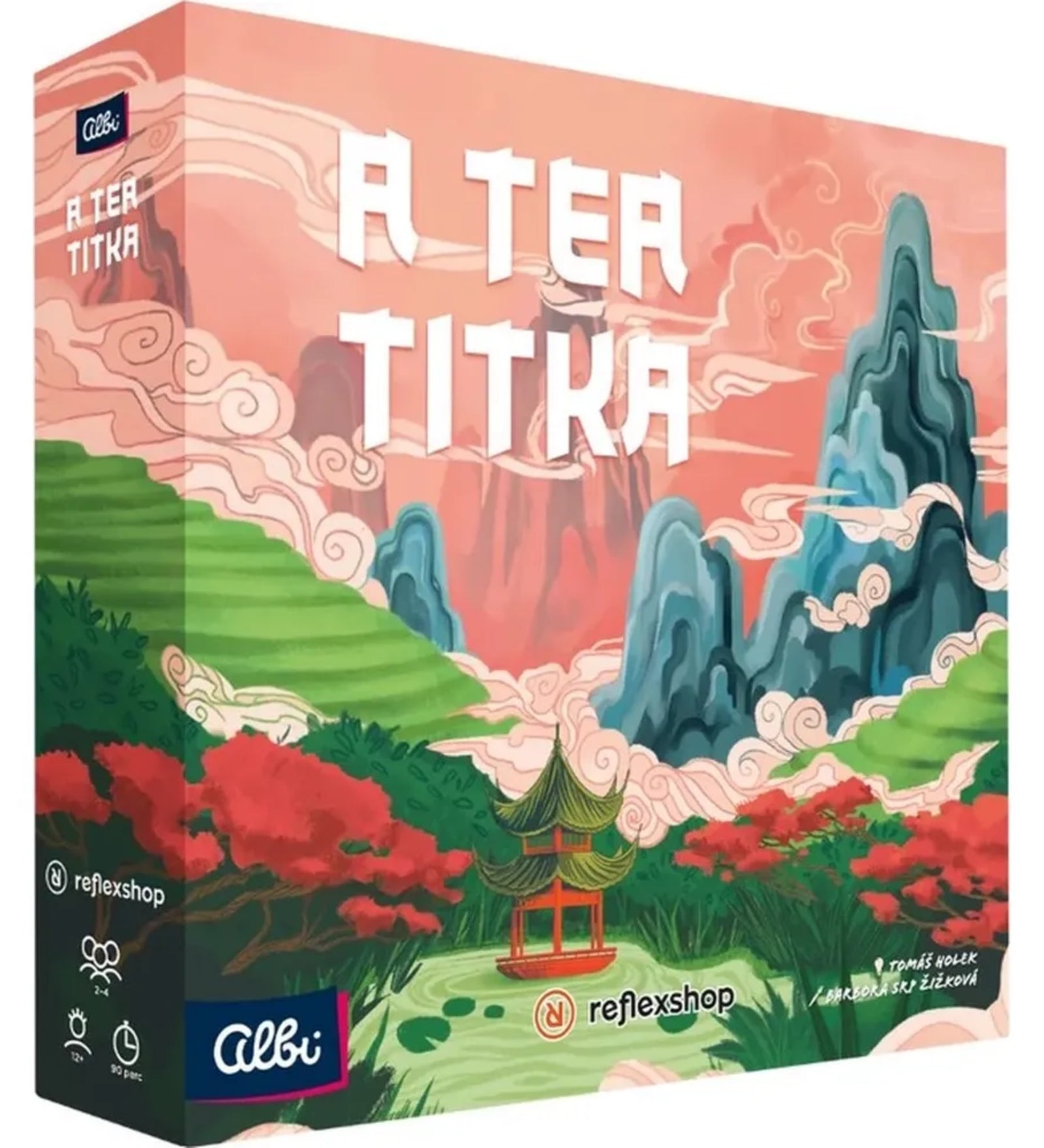 A tea titka” társasjáték doboza elölről, keleties hangulatú festett tájképpel, rózsaszín felhőkkel, smaragdzöld hegyekkel és egy pagodával a középpontban.

