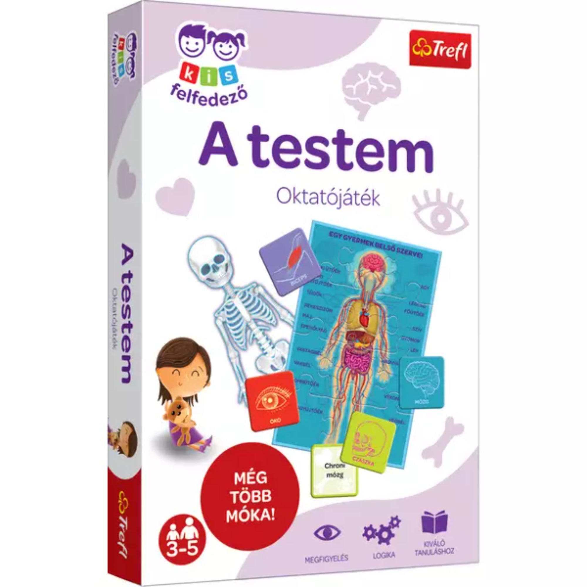 Trefl Kis felfedező „A testem” játék doboza, amelyen emberi test ábrák, kártyák és a tanulást segítő elemek láthatók.