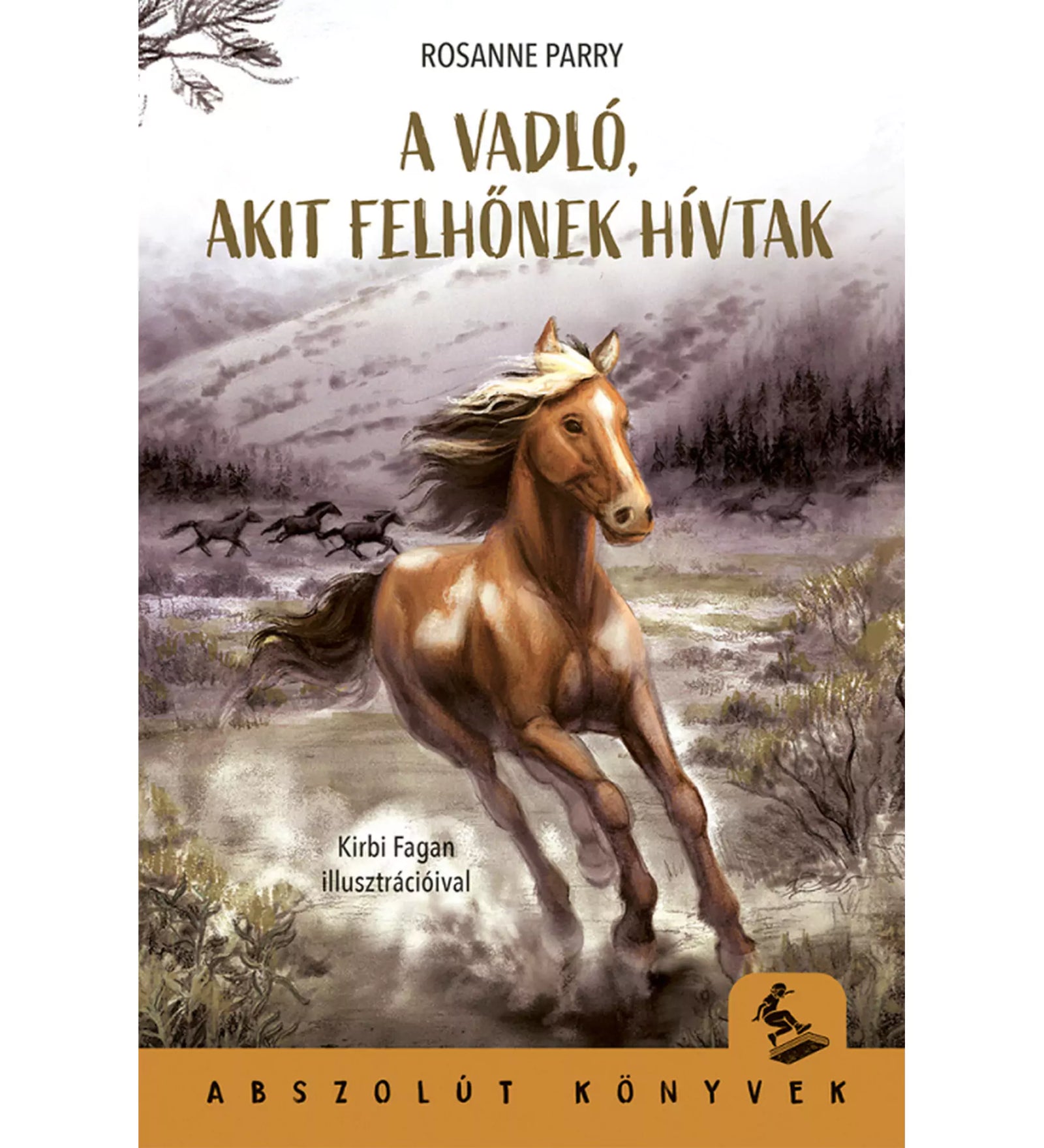 „A vadló, akit Felhőnek hívtak” című könyv borítója, amelyen egy barna vadló vágtat a természetben, háttérben hegyekkel és egy csapat futó lóval.