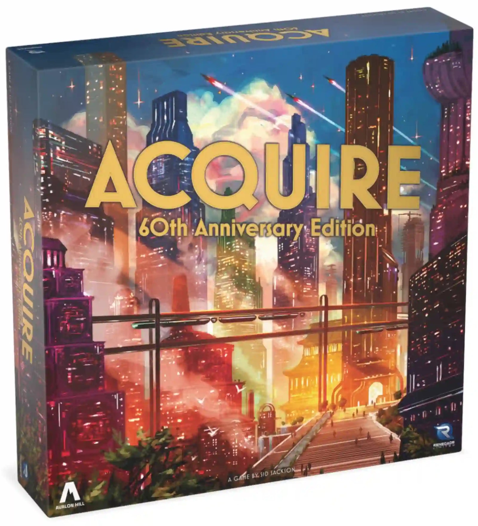 Acquire 60th Anniversary Edition társasjáték díszdoboza futurisztikus városképpel.