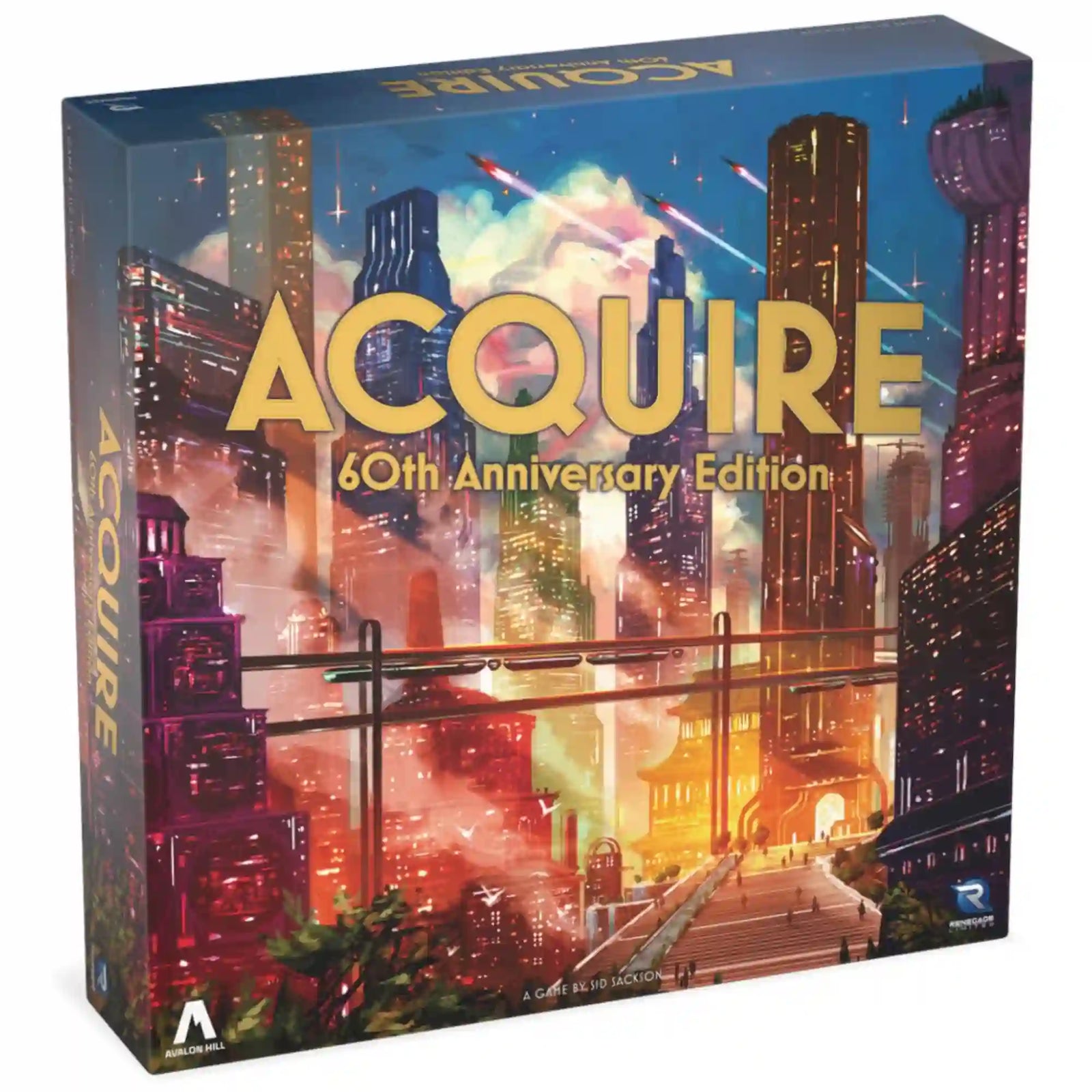 Acquire 60th Anniversary Edition társasjáték díszdoboza futurisztikus városképpel.