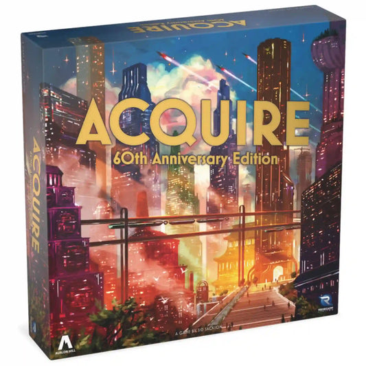 Acquire 60th Anniversary Edition társasjáték díszdoboza futurisztikus városképpel.