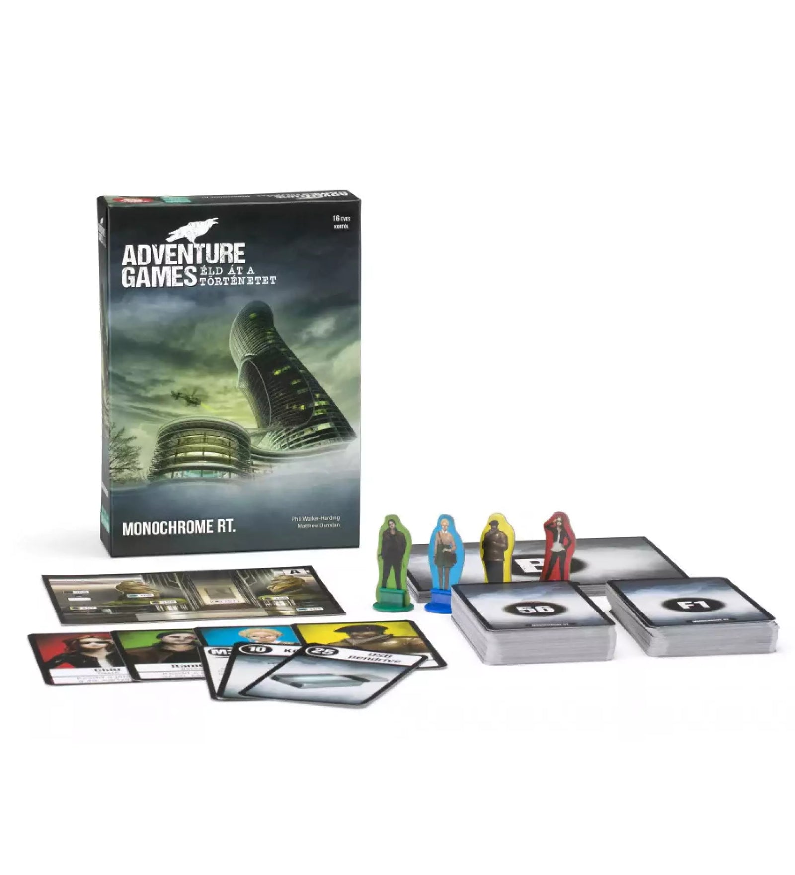 Adventure Games – Monochrome Inc. társasjáték doboza és tartozékai: karakterlapkák, játékkártyák, helyszínlapok és különböző figurák egy modern, sci-fi stílusú kalandhoz.