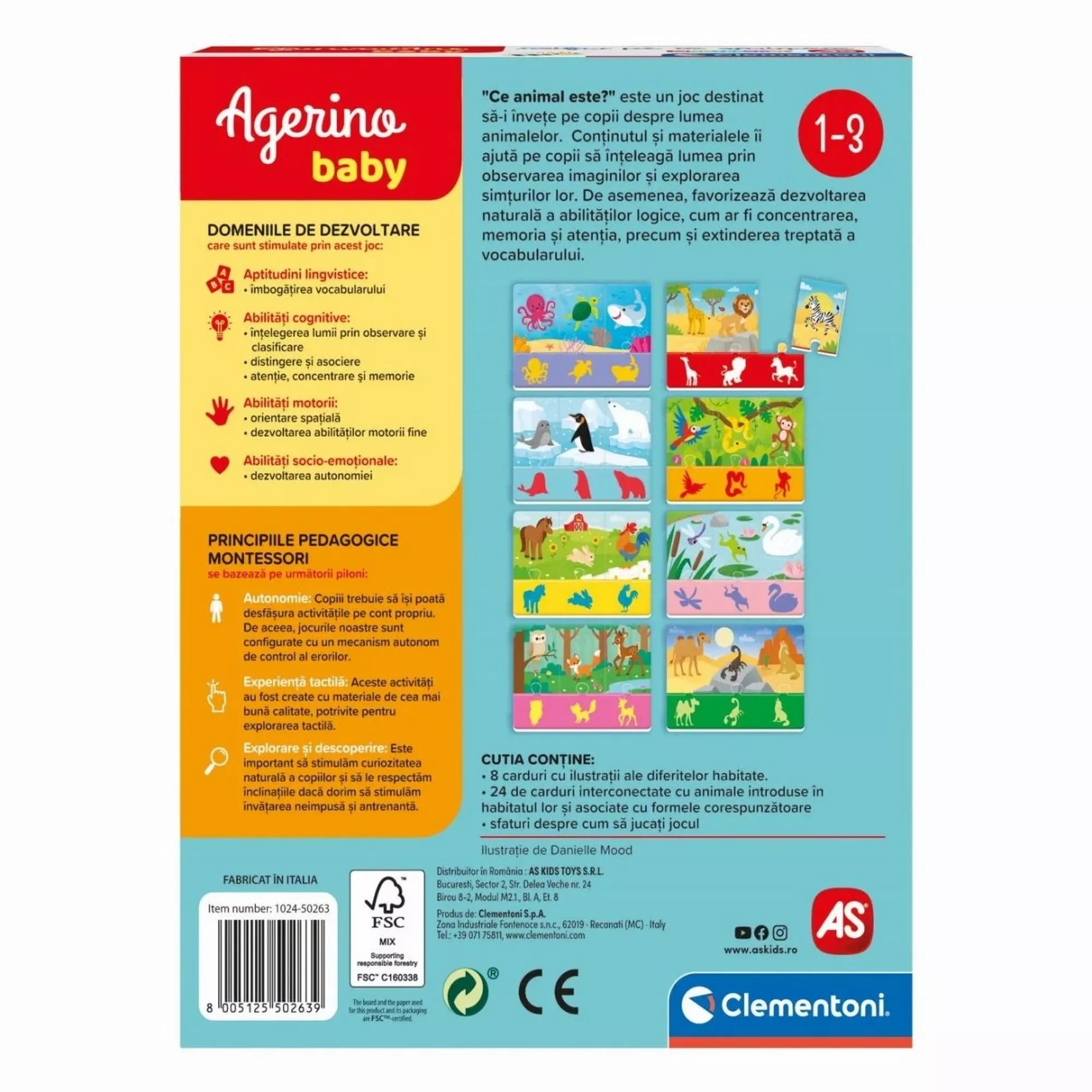 Az Agerino Baby Montessori – Ce animal este? dobozának hátoldala, rajta a játék fejlesztési előnyeinek leírása, a Montessori pedagógiai elvek és a tartalom felsorolása.