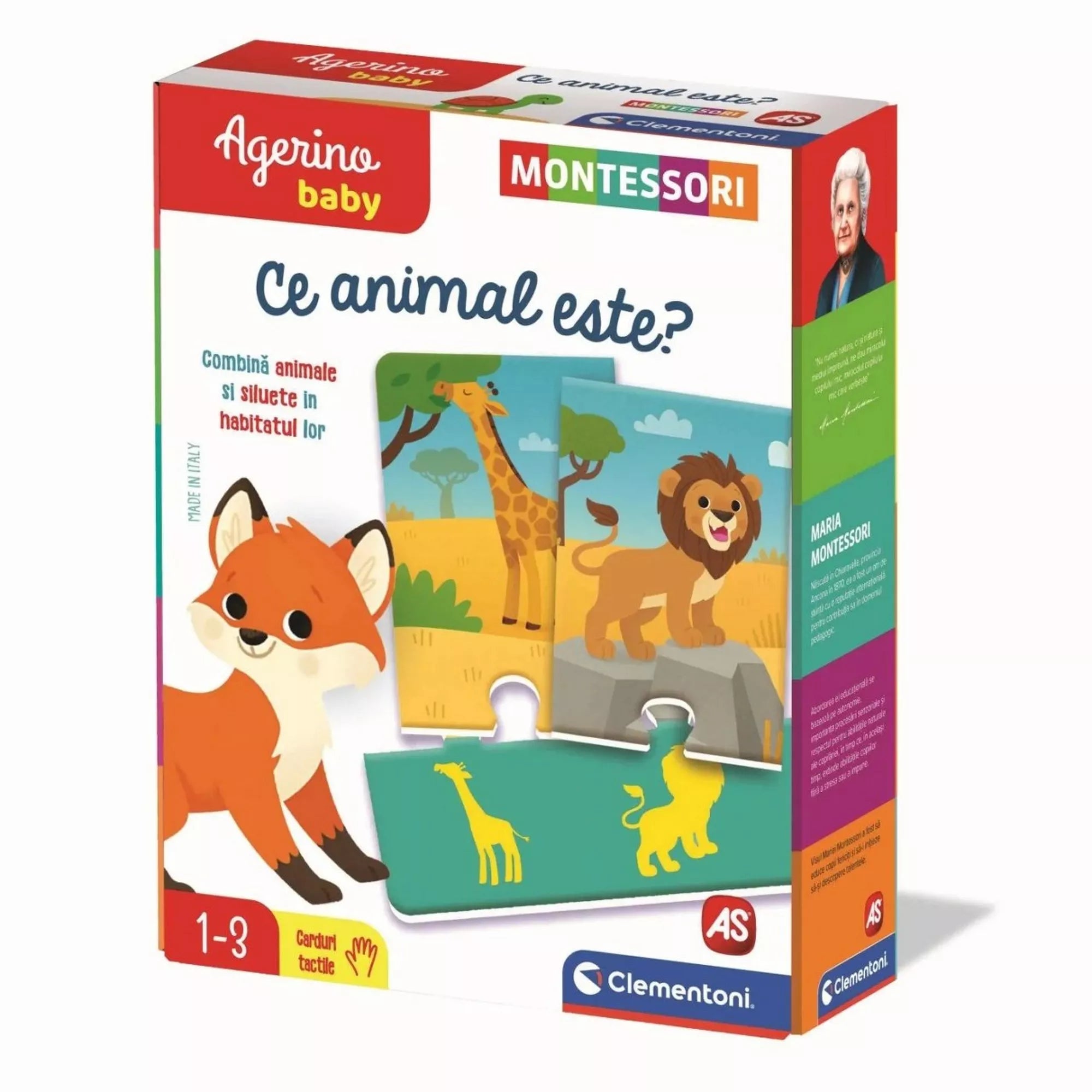 Az Agerino Baby Montessori – Ce animal este? játék színes doboza, rajta állatok illusztrációival, például rókával, zsiráffal és oroszlánnal, valamint a Montessori logóval.