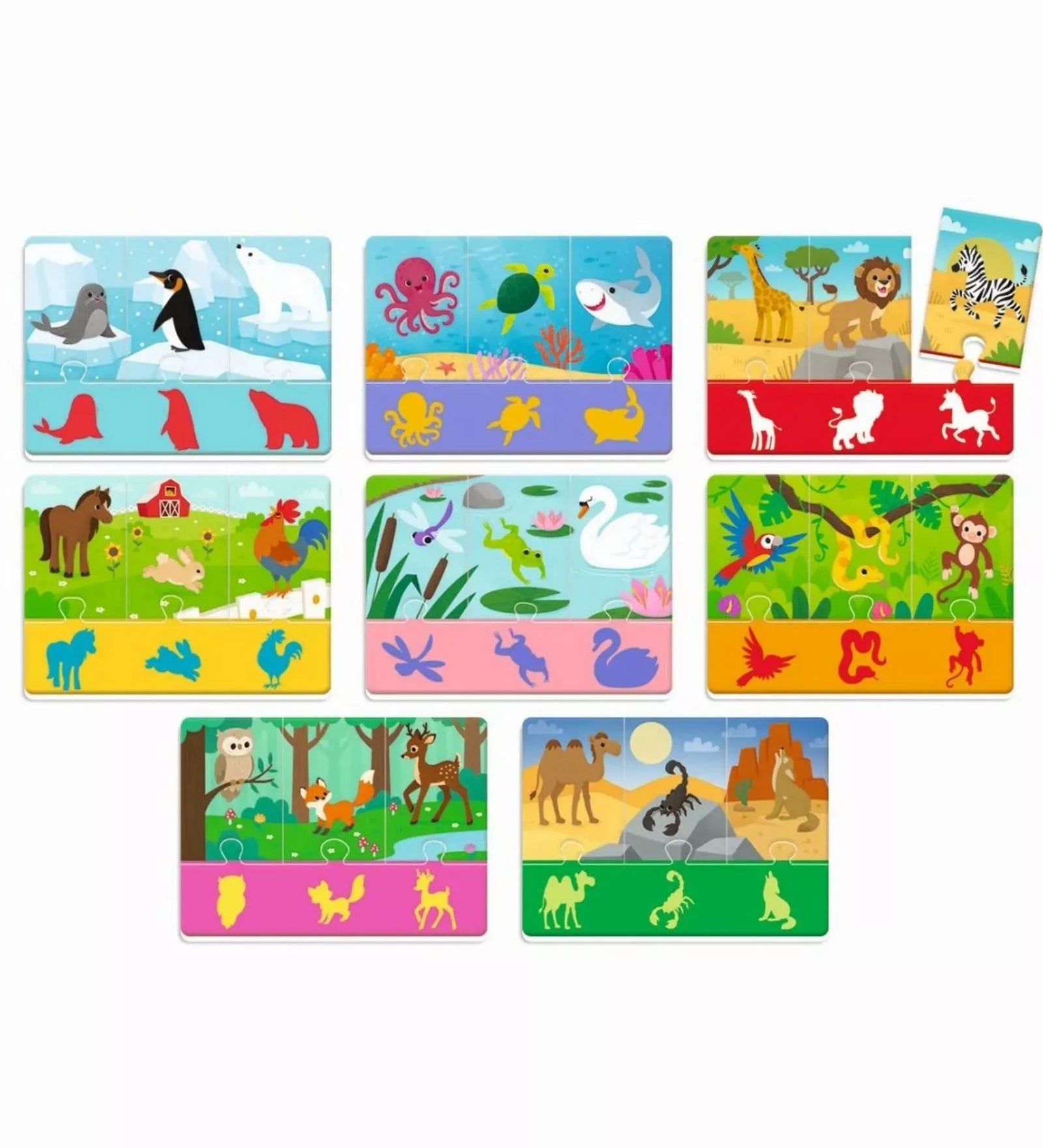 Az Agerino Baby Montessori – Ce animal este? készlet állatos kártyái különböző élőhelyekkel, mint tenger, szavanna, erdő és farm, mindegyikhez illusztrált párosító darabok tartoznak.