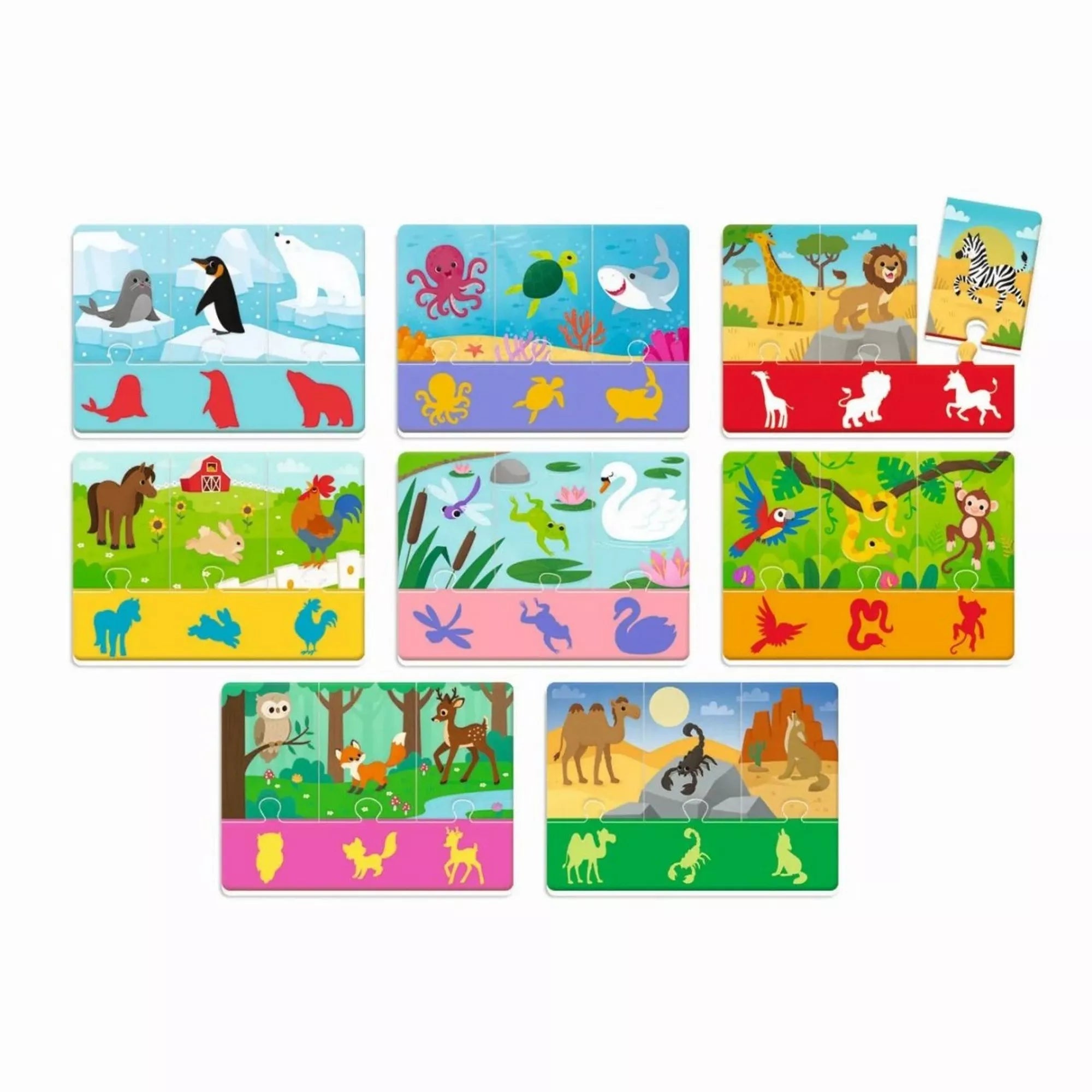 Az Agerino Baby Montessori – Ce animal este? készlet állatos kártyái különböző élőhelyekkel, mint tenger, szavanna, erdő és farm, mindegyikhez illusztrált párosító darabok tartoznak.
