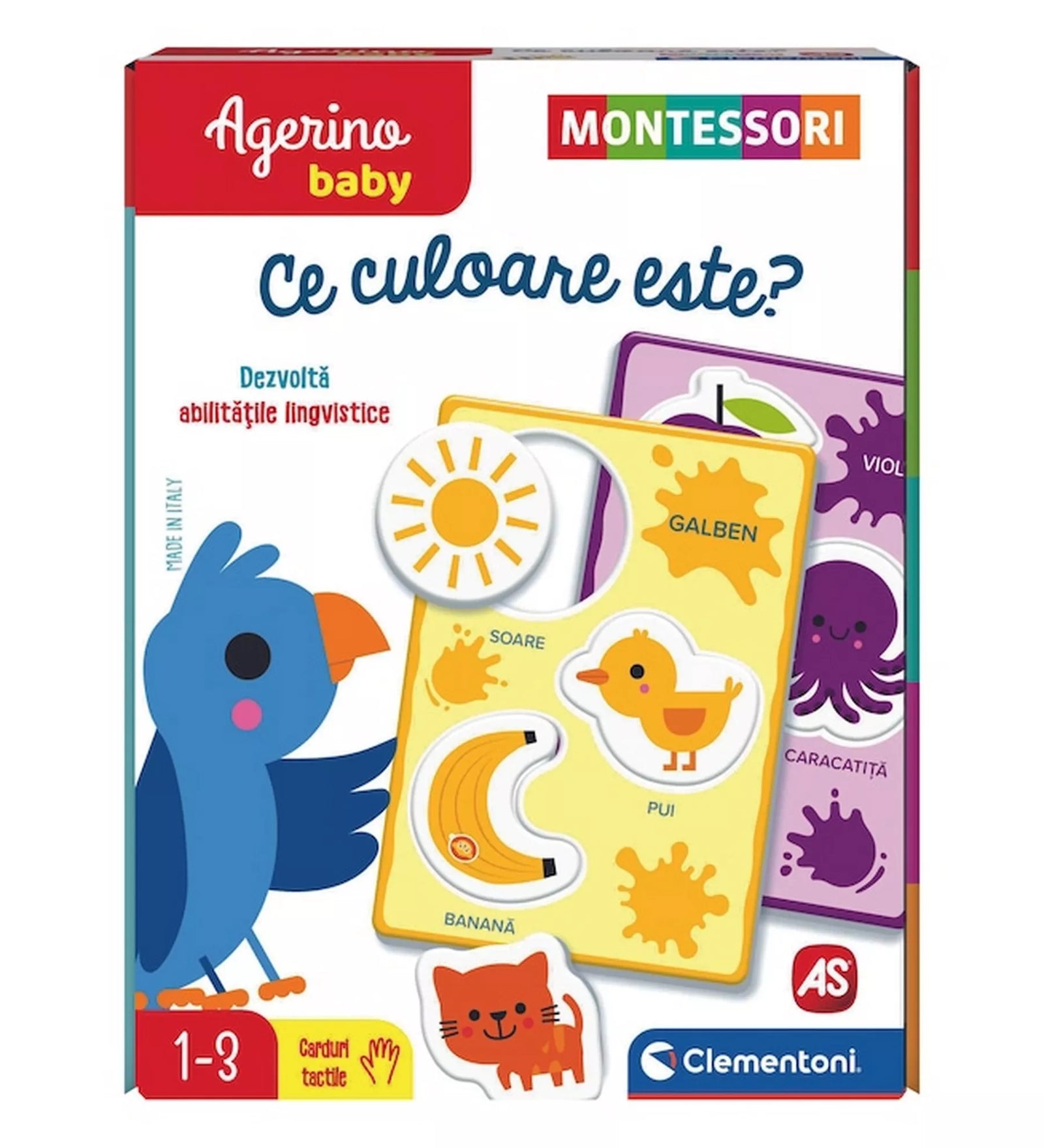 Az Agerino Baby Montessori – Ce culoare este? játék doboza, rajta színes illusztrációkkal, például nap, kiskacsa és banán, amelyek a sárga színt tanítják, valamint a Montessori logóval.