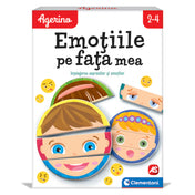 „Az Agerino – Emoțiile pe fața mea készlet doboza: gyerekarcok szeletekből rakható érzelmi képekkel, 2–4 éveseknek.”