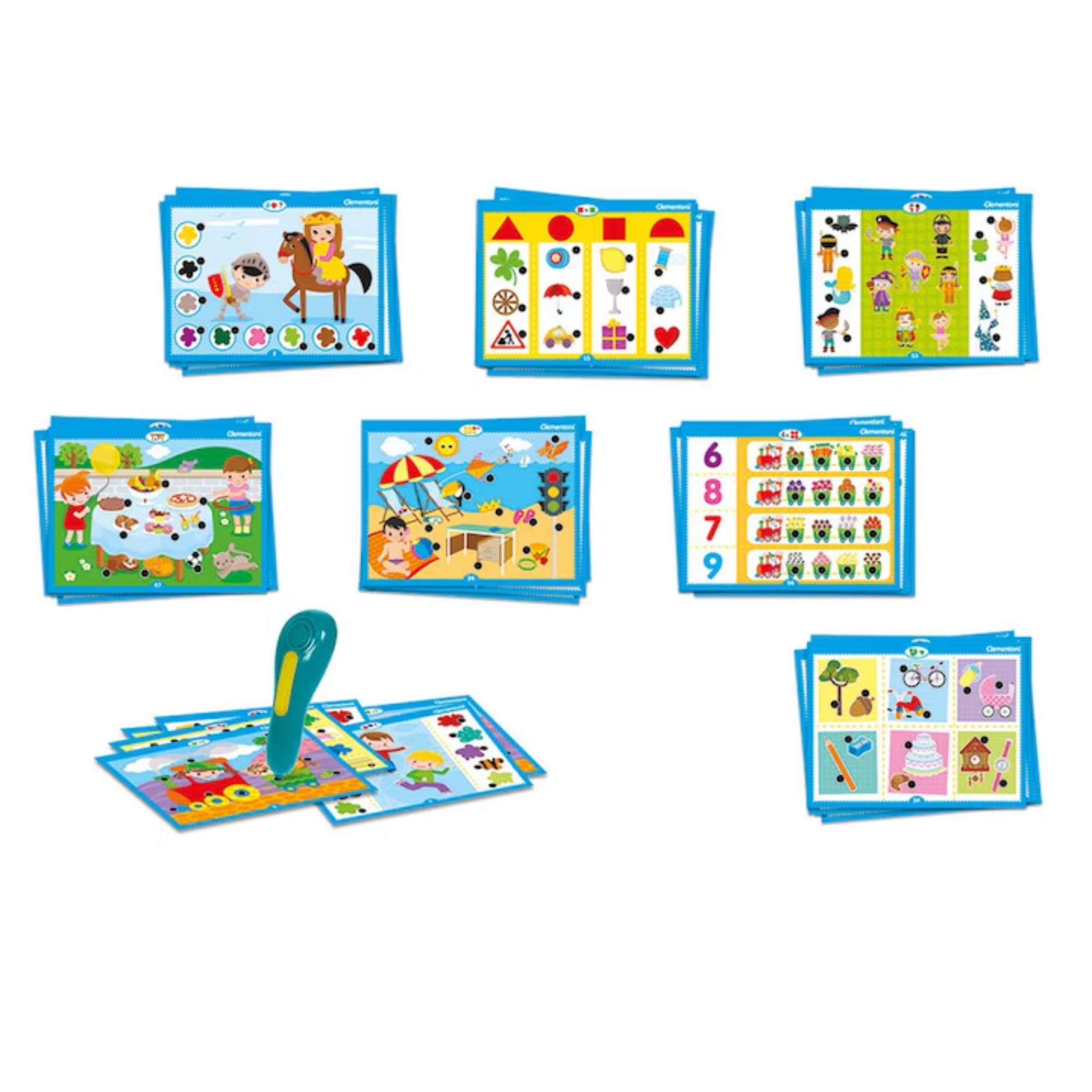 Enciclopedia Electronică teljes játéktartalom, több tematikus kártyával és elektronikus tollal, tanuláshoz és játékhoz.