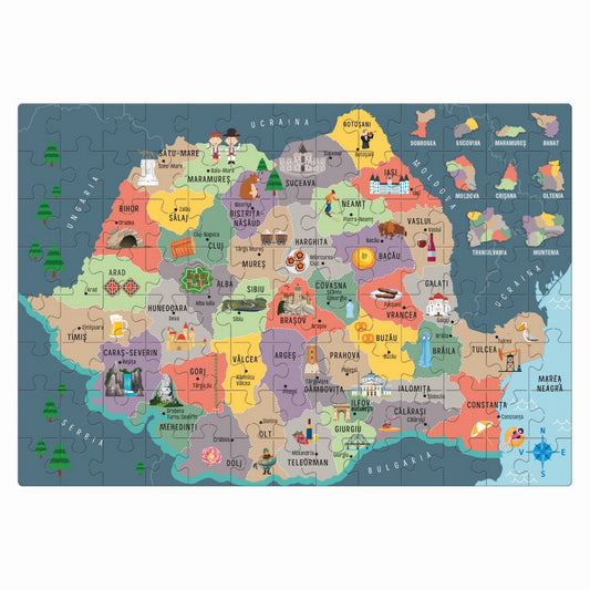 „A Să descoperim România puzzle teljes, színes Románia-térképe megyékkel és jellegzetes látnivalókkal.”