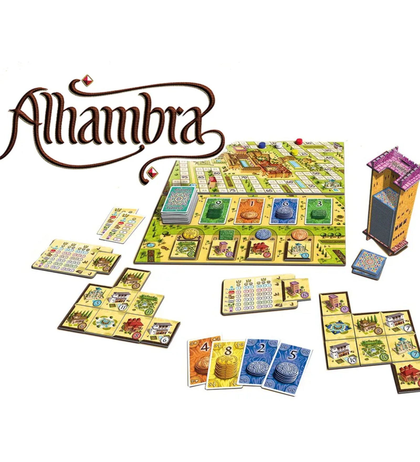 Alhambra társasjáték játékelemei, palotalapkák, pénzkártyák, játéktábla és toronykártya-adagoló elrendezve.